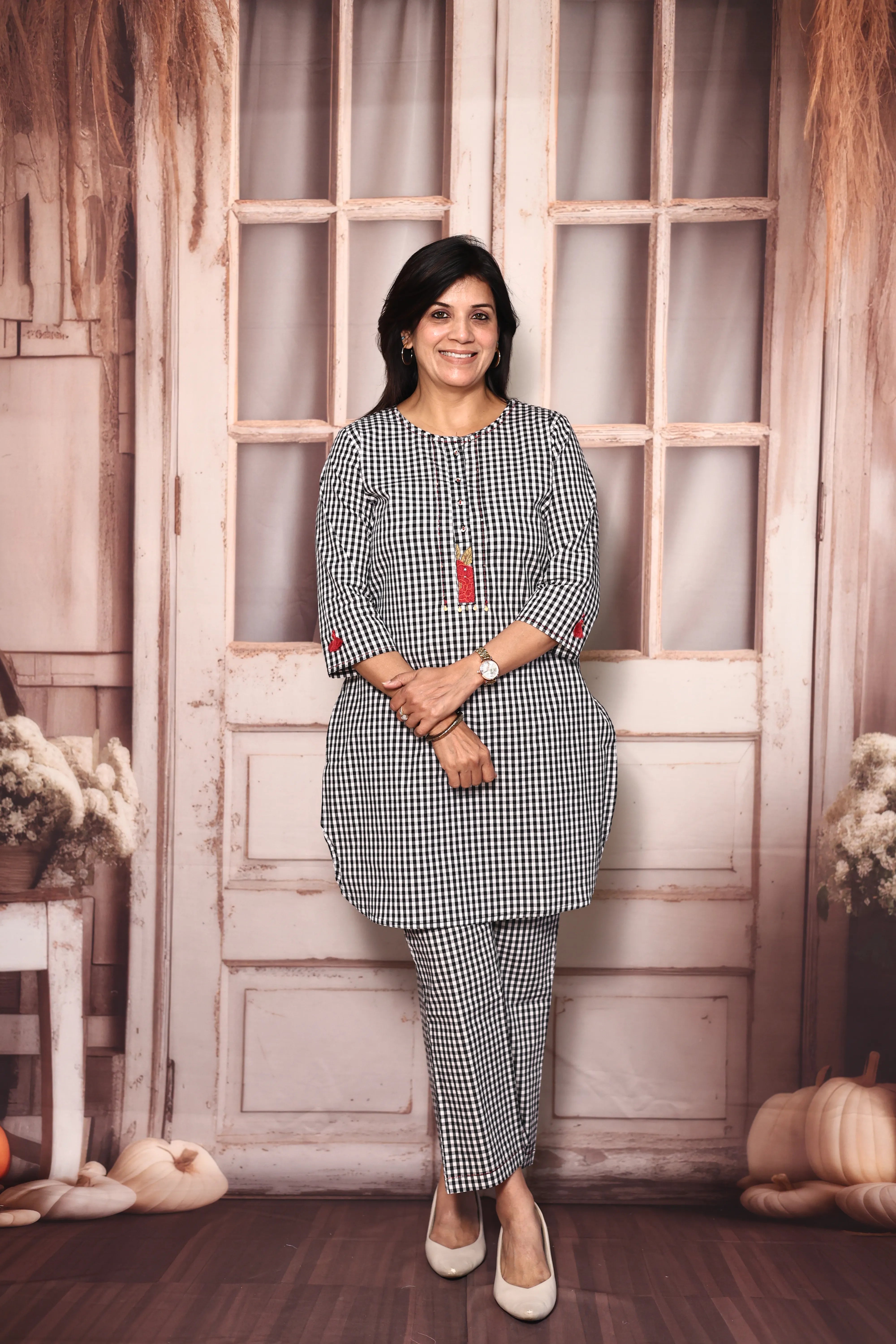 White & Black Checked Short Kurti Pant Co-Ord Set | Soft Cotton Embroidered Wear