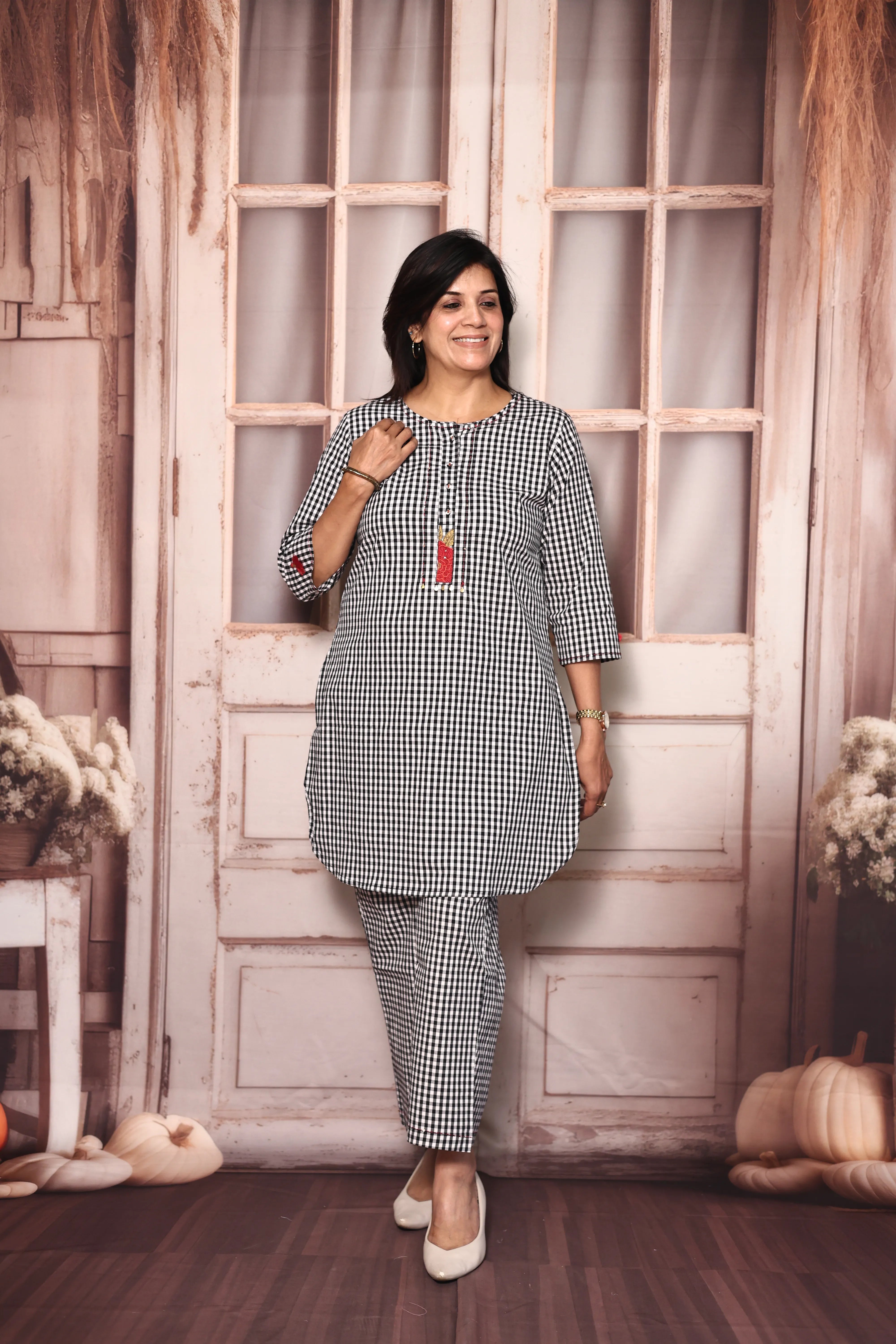 White & Black Checked Short Kurti Pant Co-Ord Set | Soft Cotton Embroidered Wear