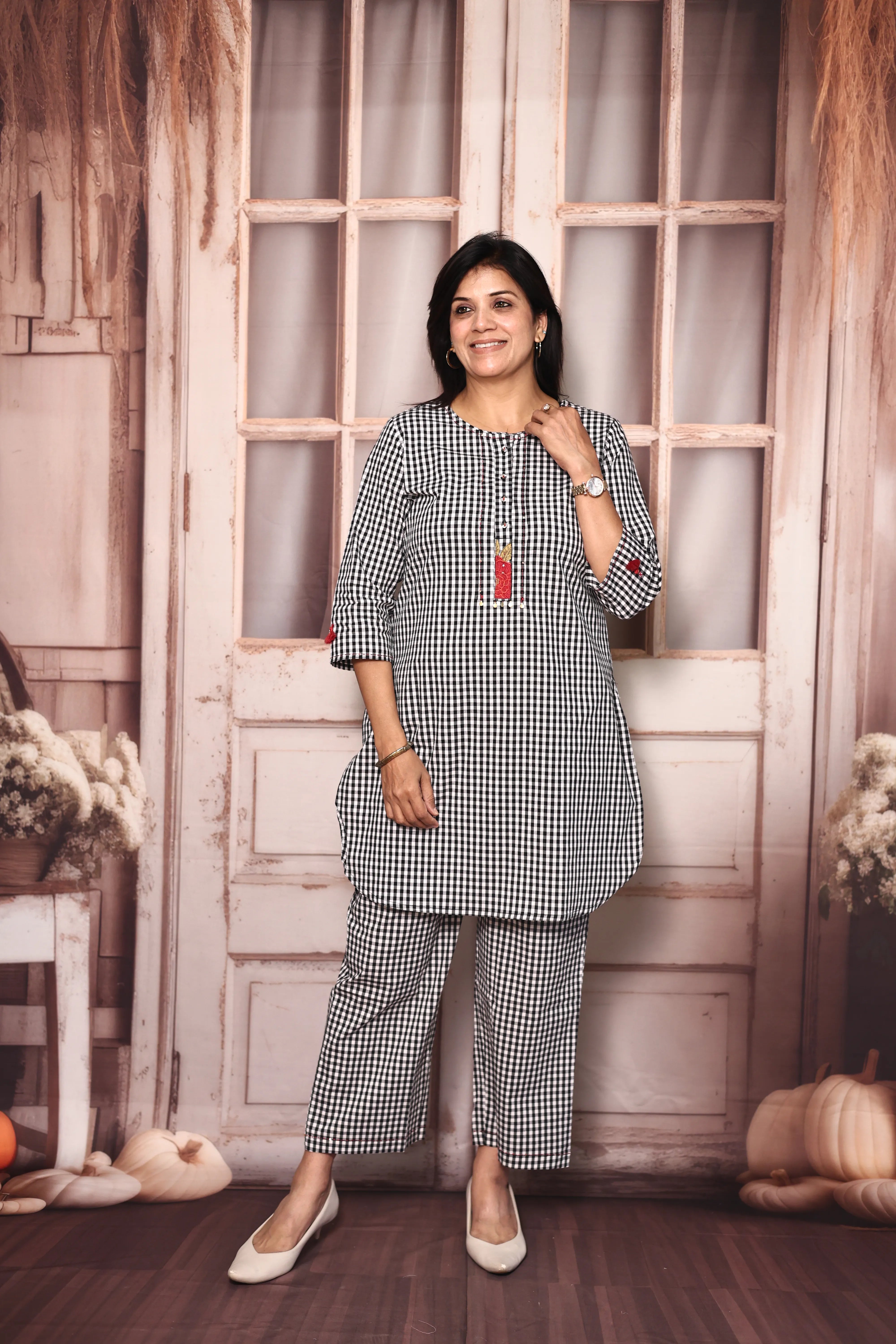 White & Black Checked Short Kurti Pant Co-Ord Set | Soft Cotton Embroidered Wear