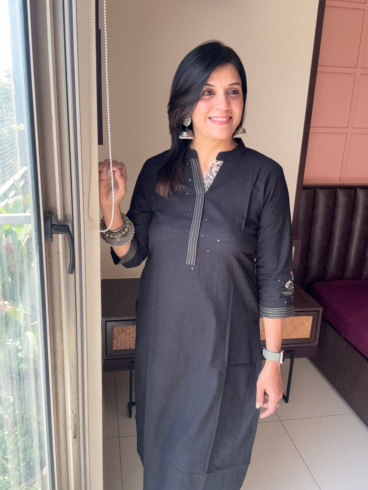 Black - Straight Kurta with Kalamkari Print Palazzo Set ( PLUS SIZE )