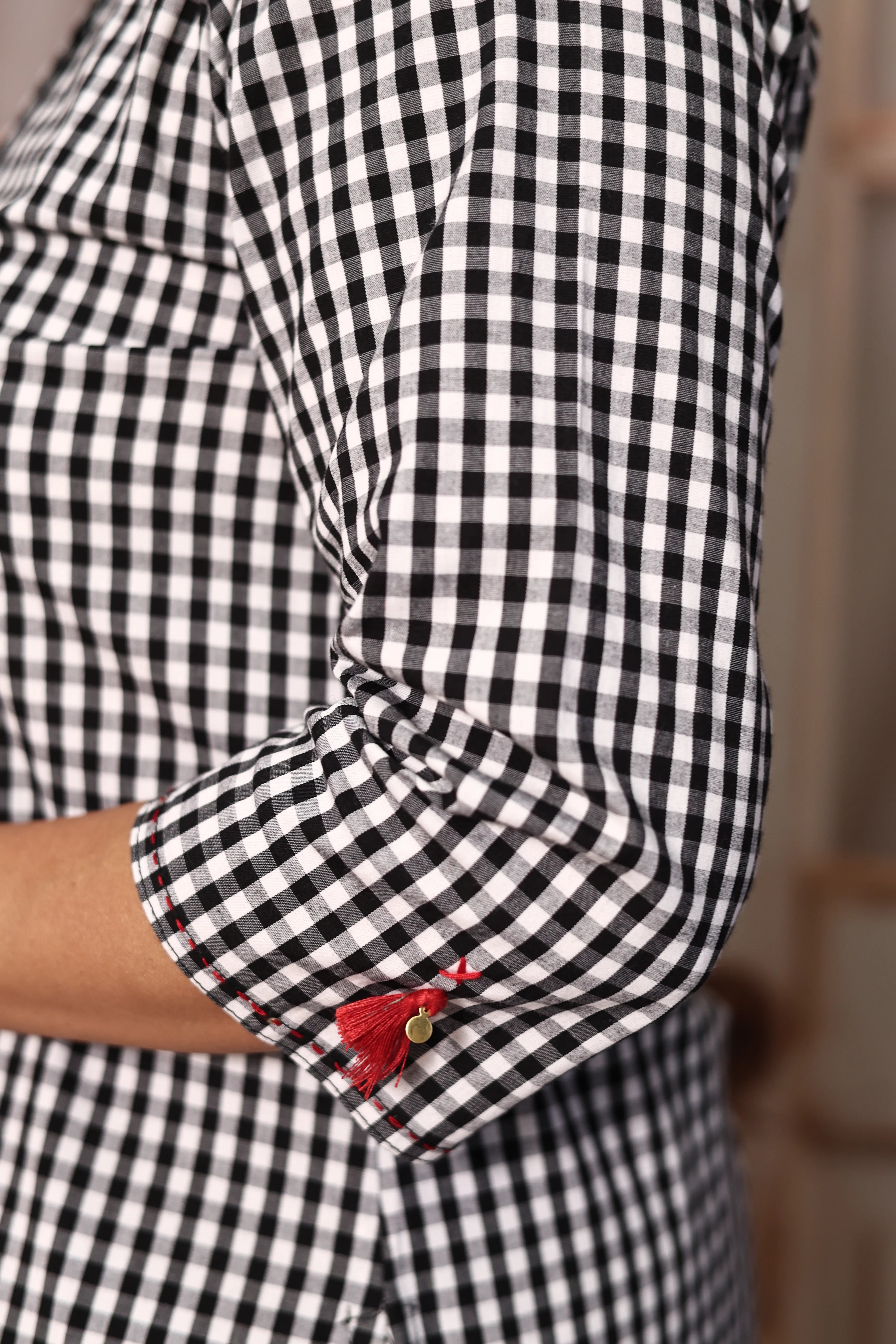 White & Black Checked Short Kurti Pant Co-Ord Set | Soft Cotton Embroidered Wear
