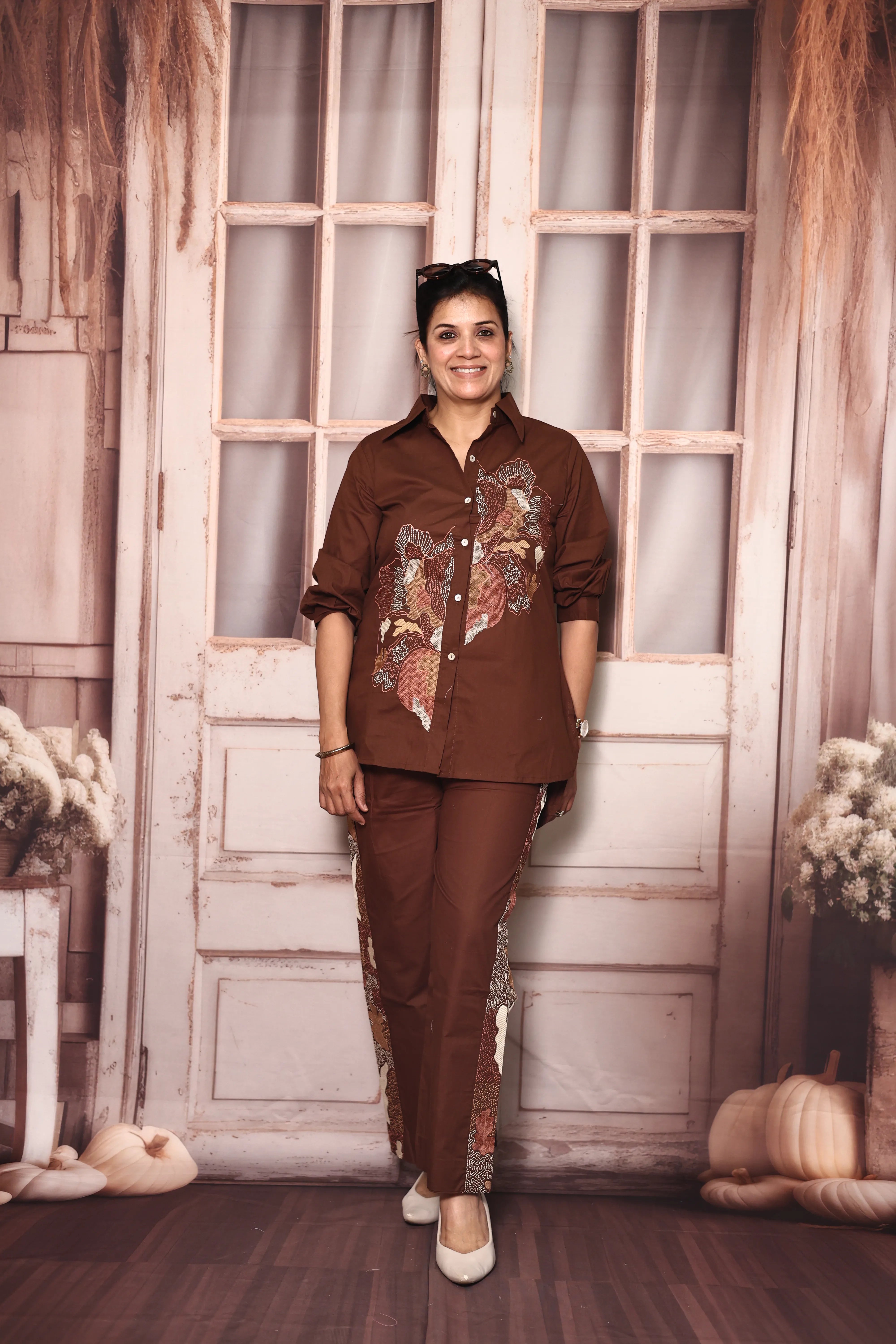 Coffee Embroidered Shirt Pant Co-Ord Set | Soft Cotton Elegant Wear