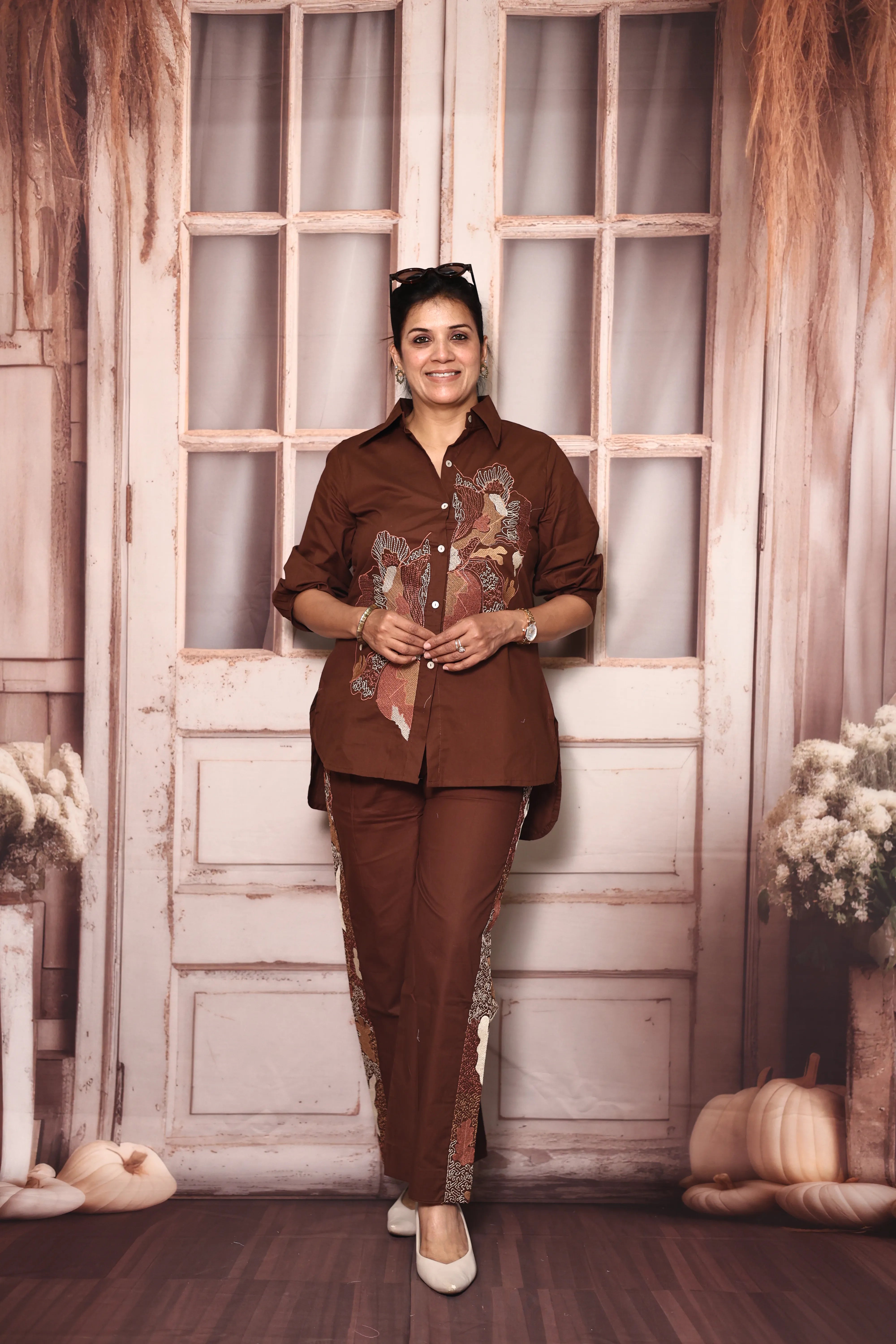 Coffee Embroidered Shirt Pant Co-Ord Set | Soft Cotton Elegant Wear