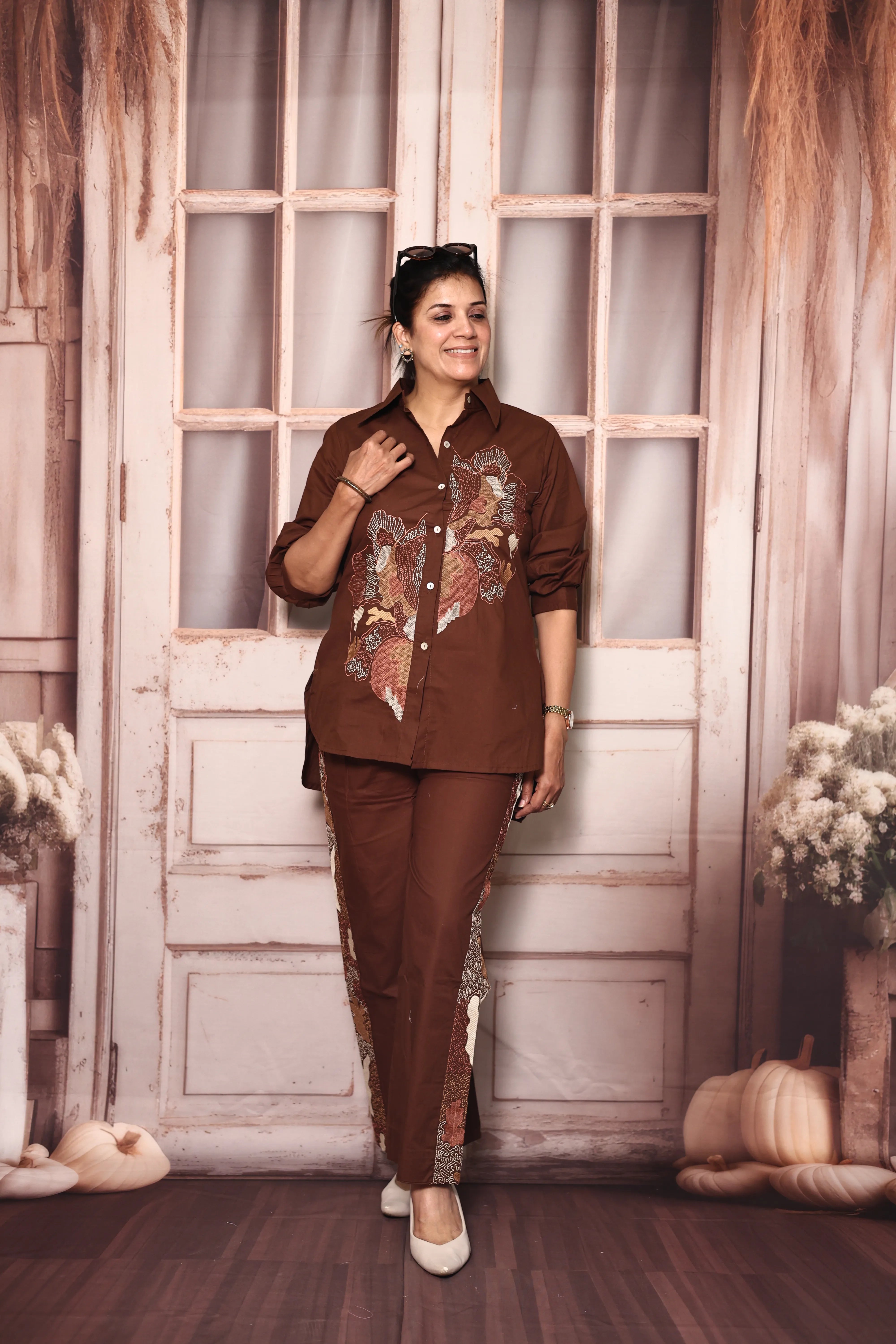 Coffee Embroidered Shirt Pant Co-Ord Set | Soft Cotton Elegant Wear