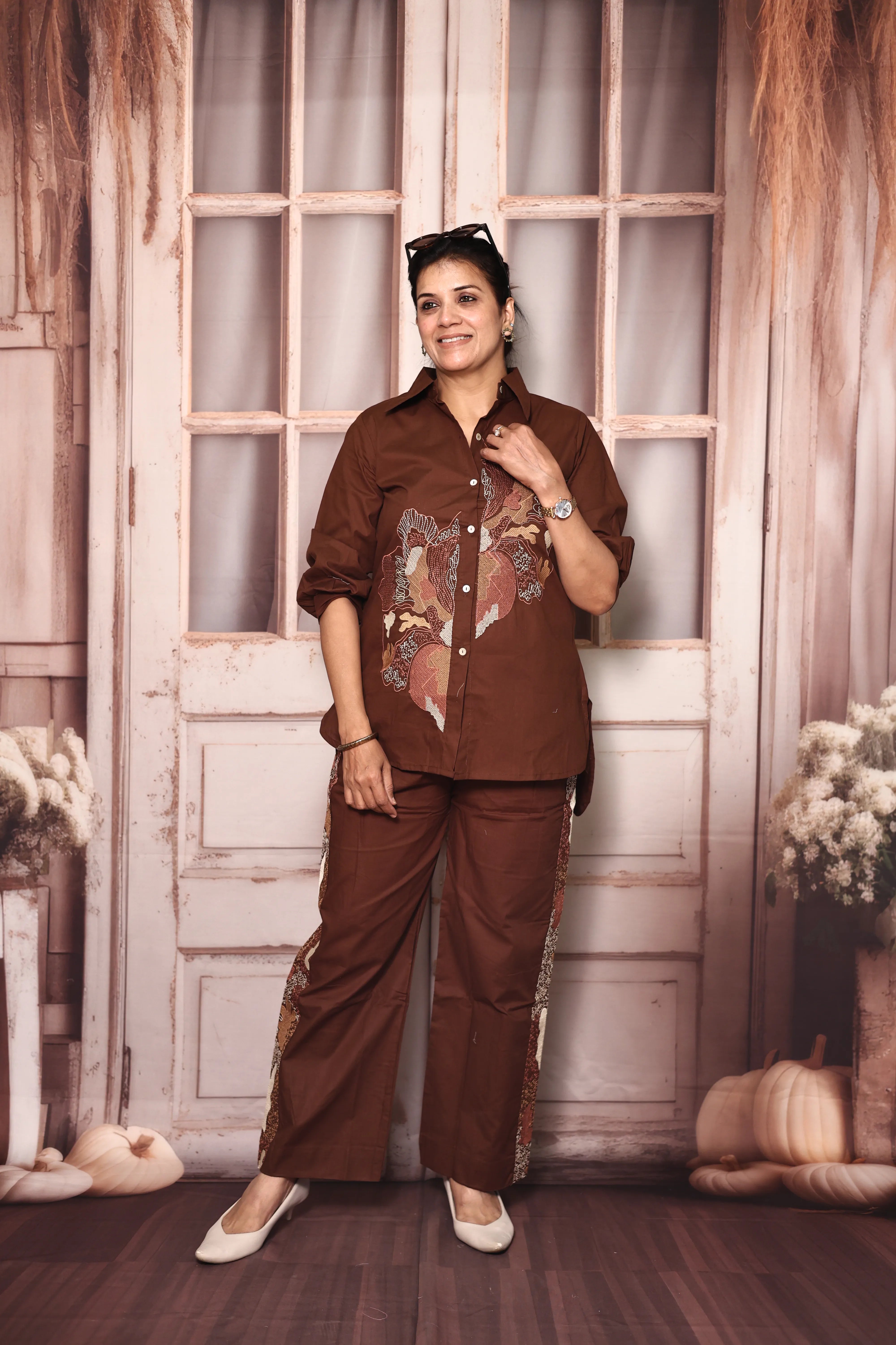 Coffee Embroidered Shirt Pant Co-Ord Set | Soft Cotton Elegant Wear