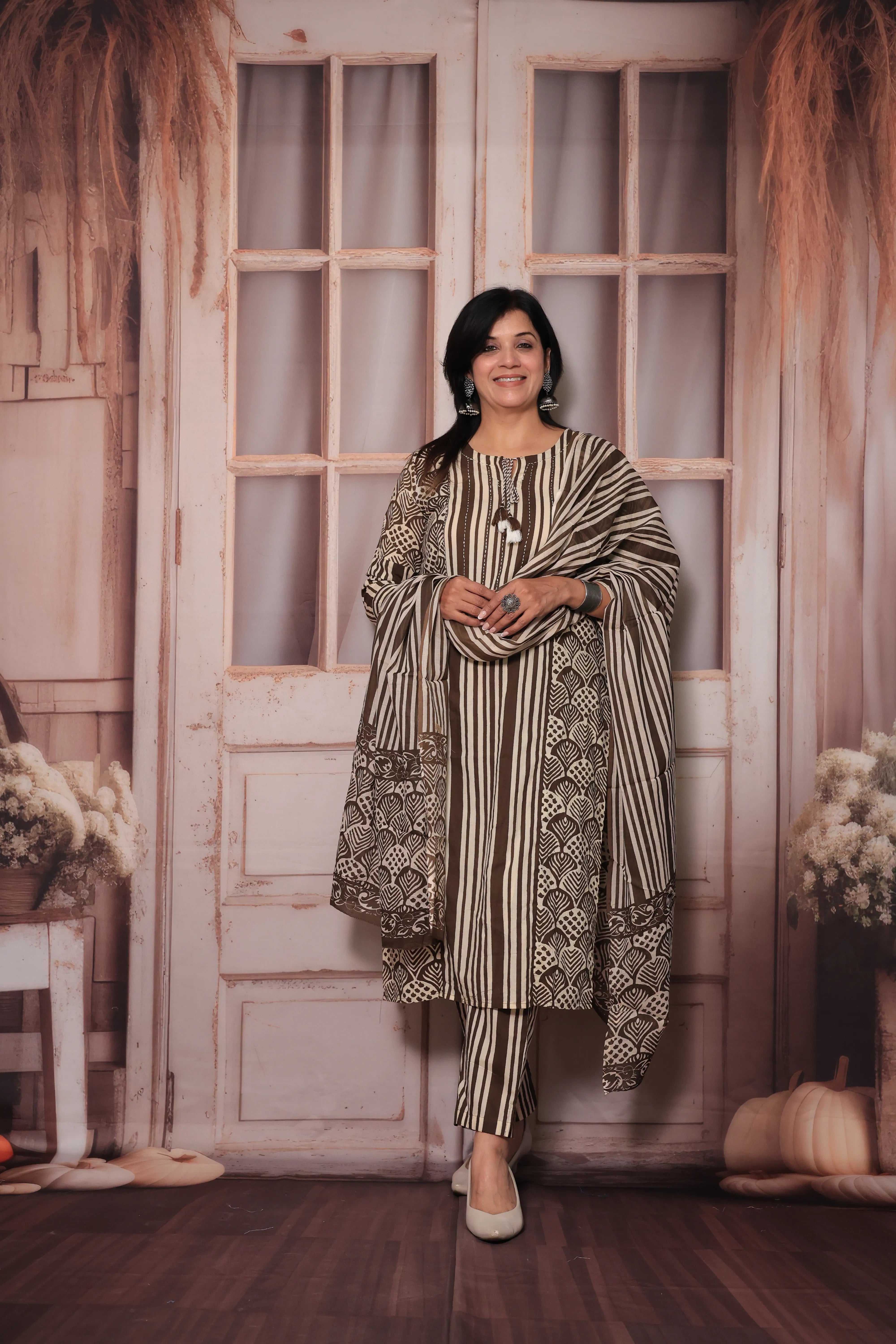 Brown & Cream Hand Block Printed Kurta Pant Set with Dupatta | Soft Cotton