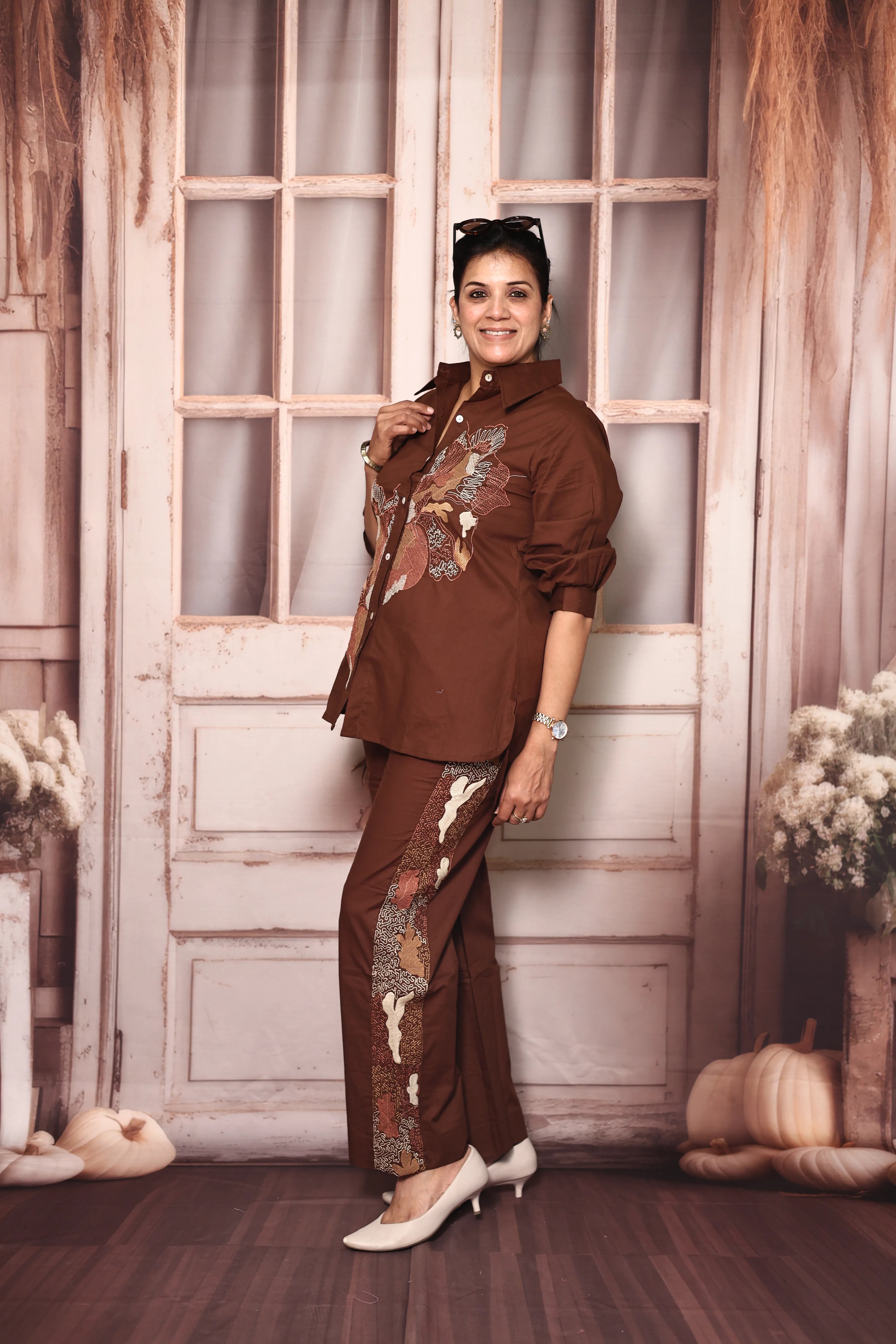 Coffee Embroidered Shirt Pant Co-Ord Set | Soft Cotton Elegant Wear