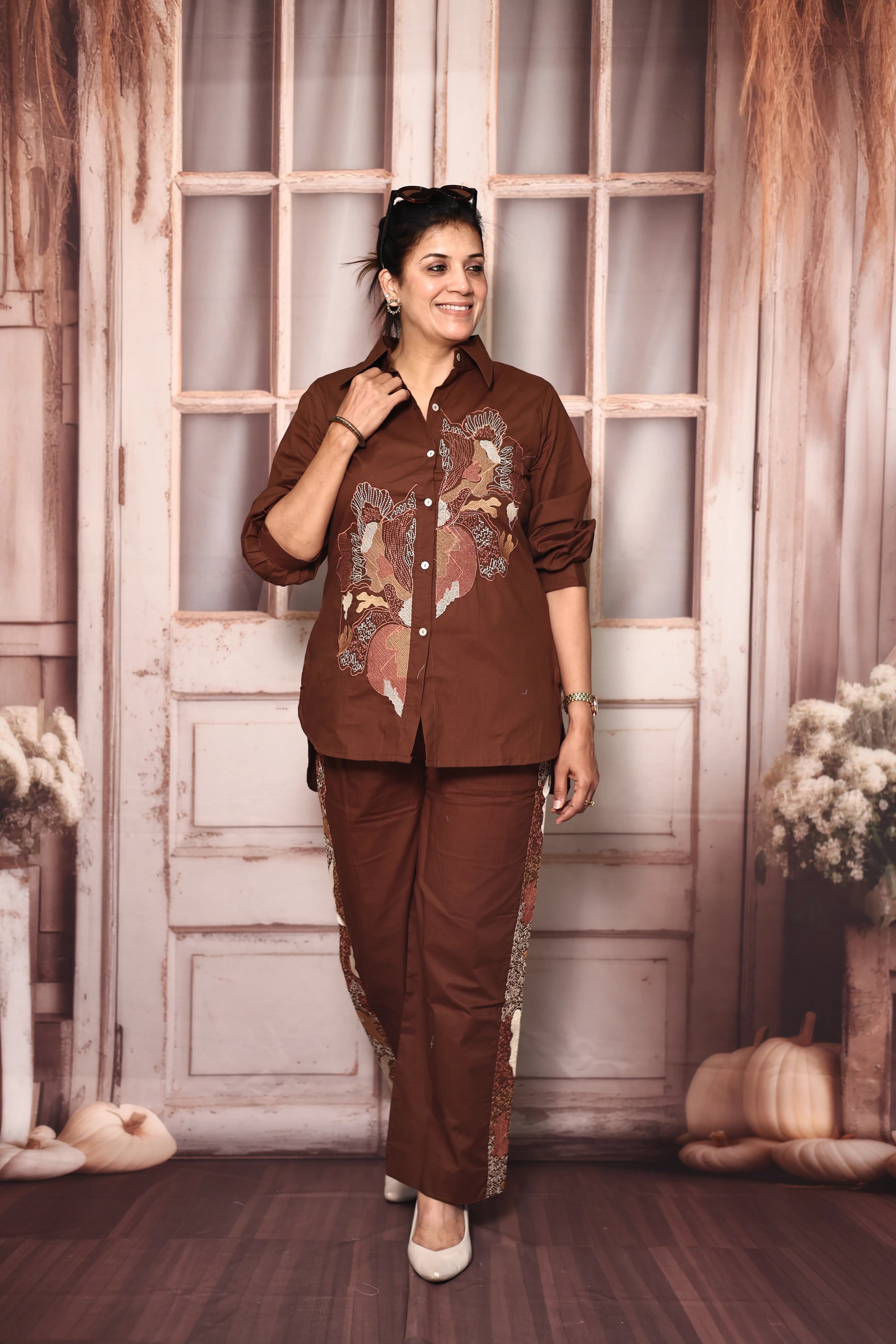 Coffee Embroidered Shirt Pant Co-Ord Set | Soft Cotton Elegant Wear