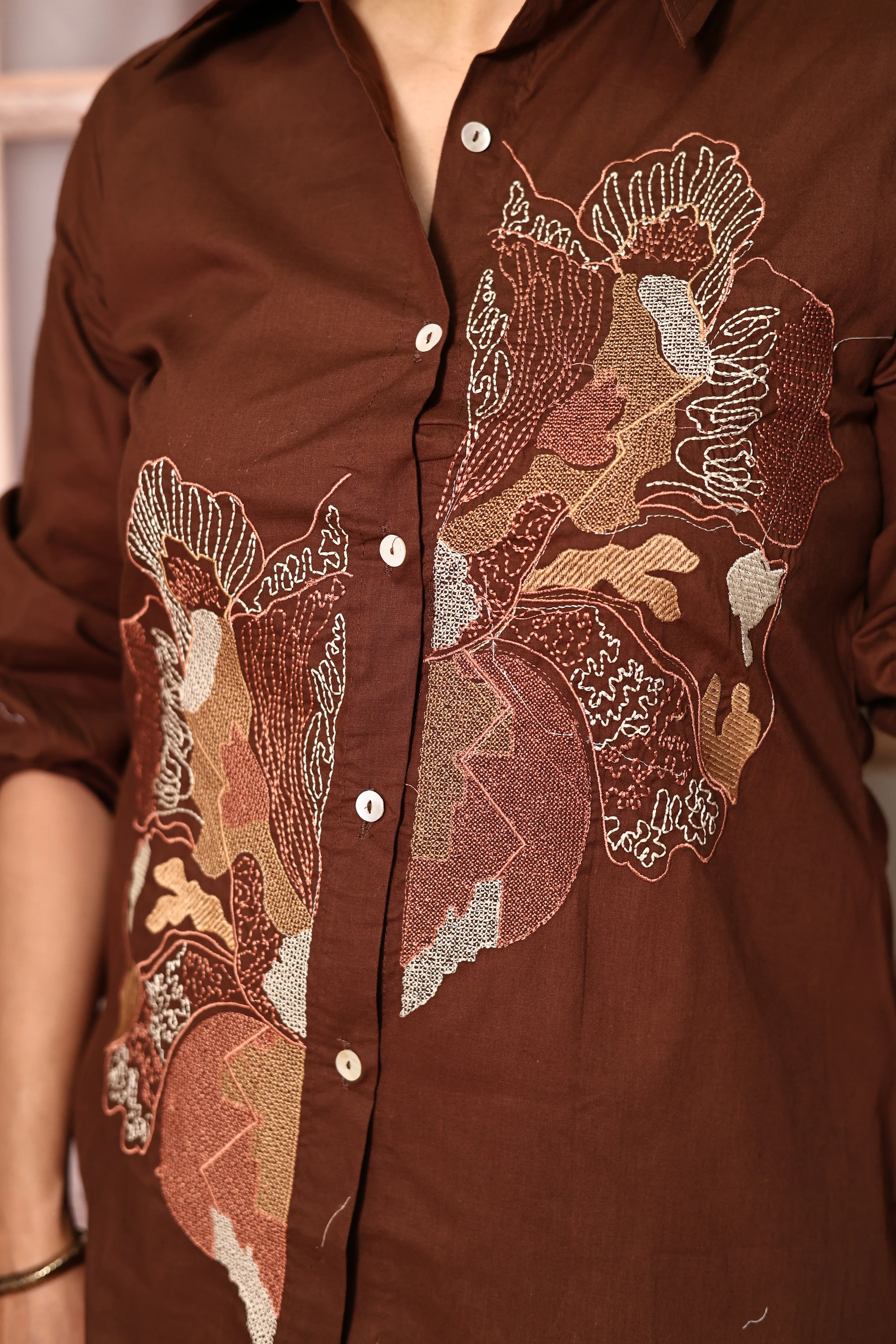 Coffee Embroidered Shirt Pant Co-Ord Set | Soft Cotton Elegant Wear