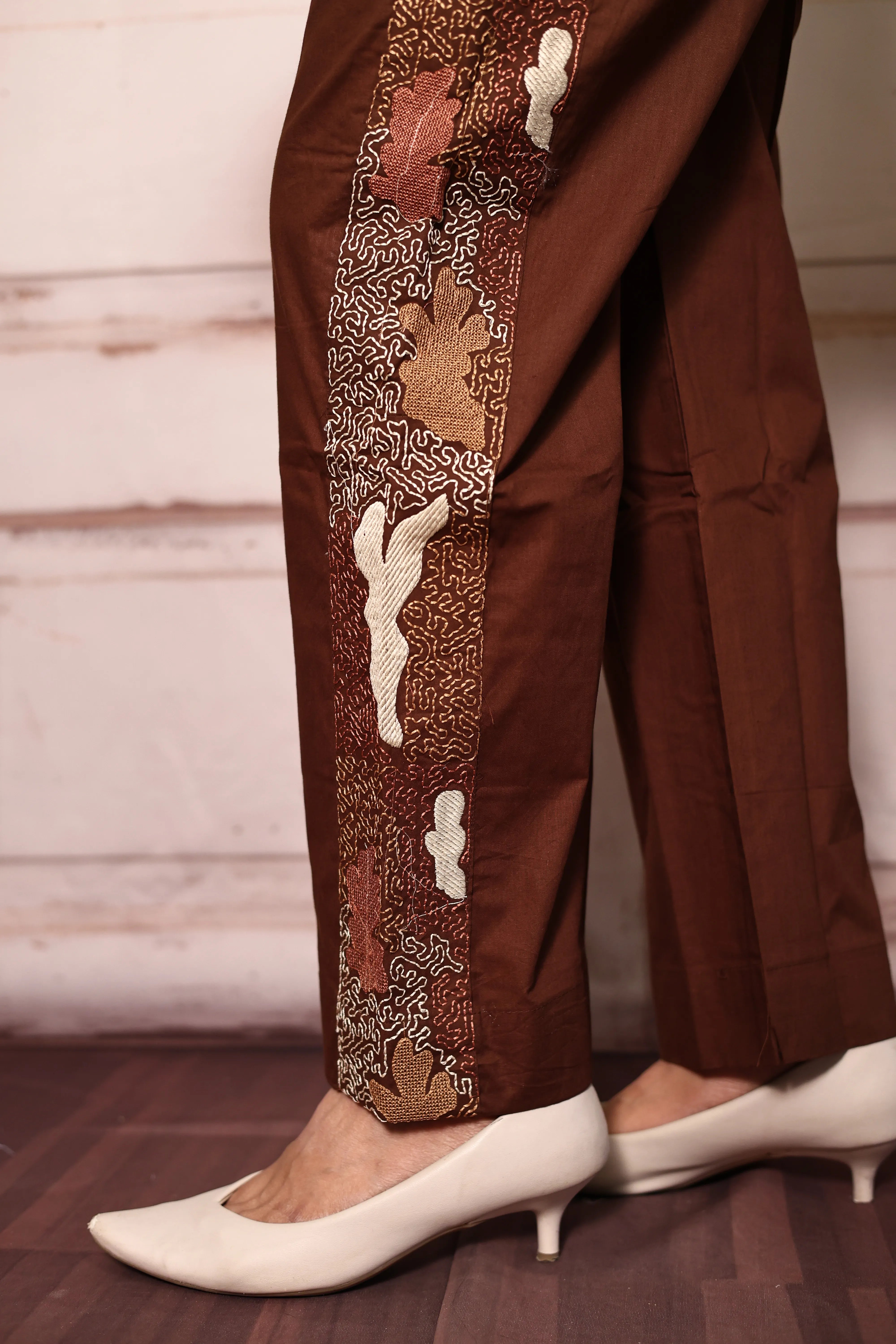 Coffee Embroidered Shirt Pant Co-Ord Set | Soft Cotton Elegant Wear