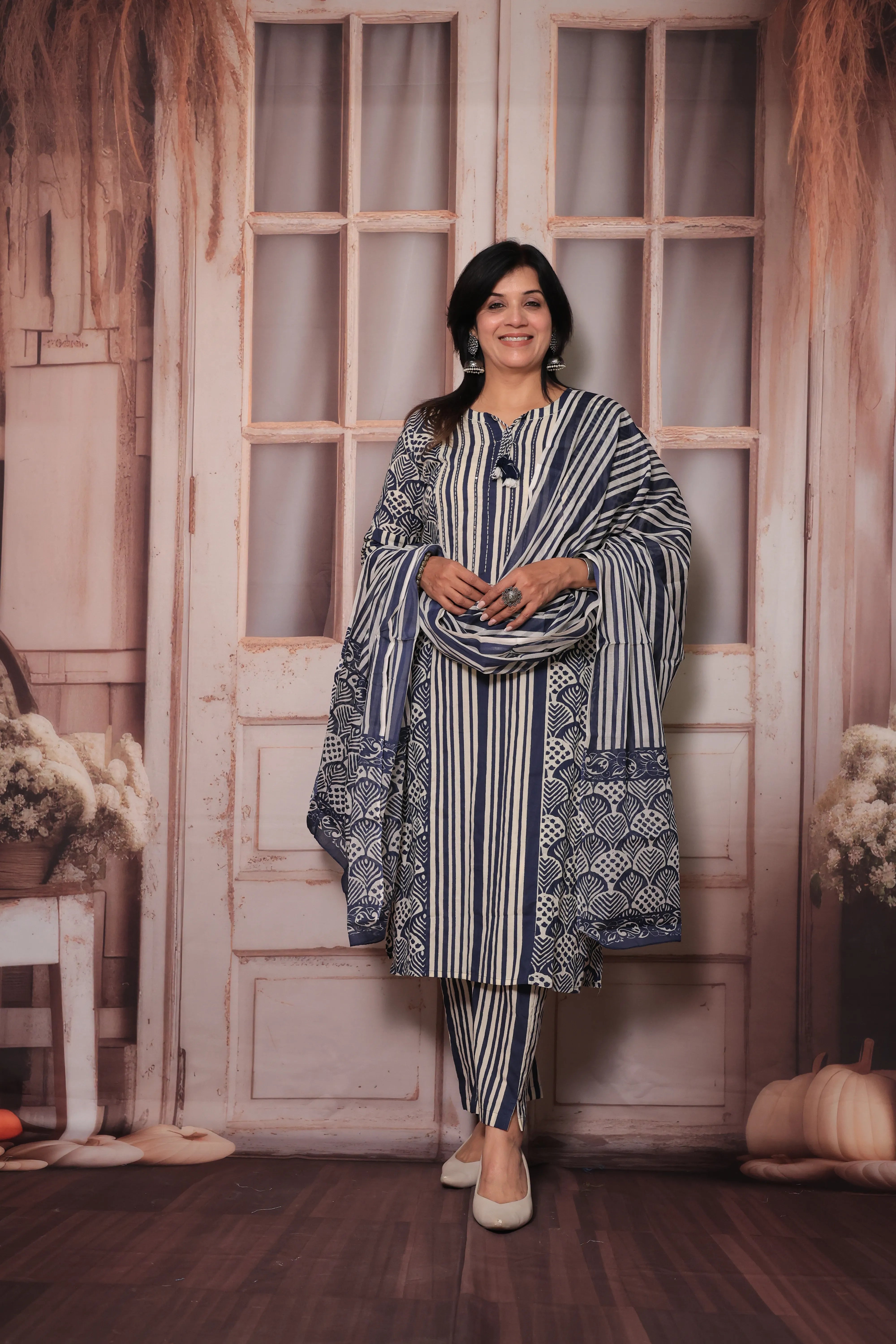 Blue & Cream Hand Block Printed Kurta Pant Set with Dupatta | Soft Cotton