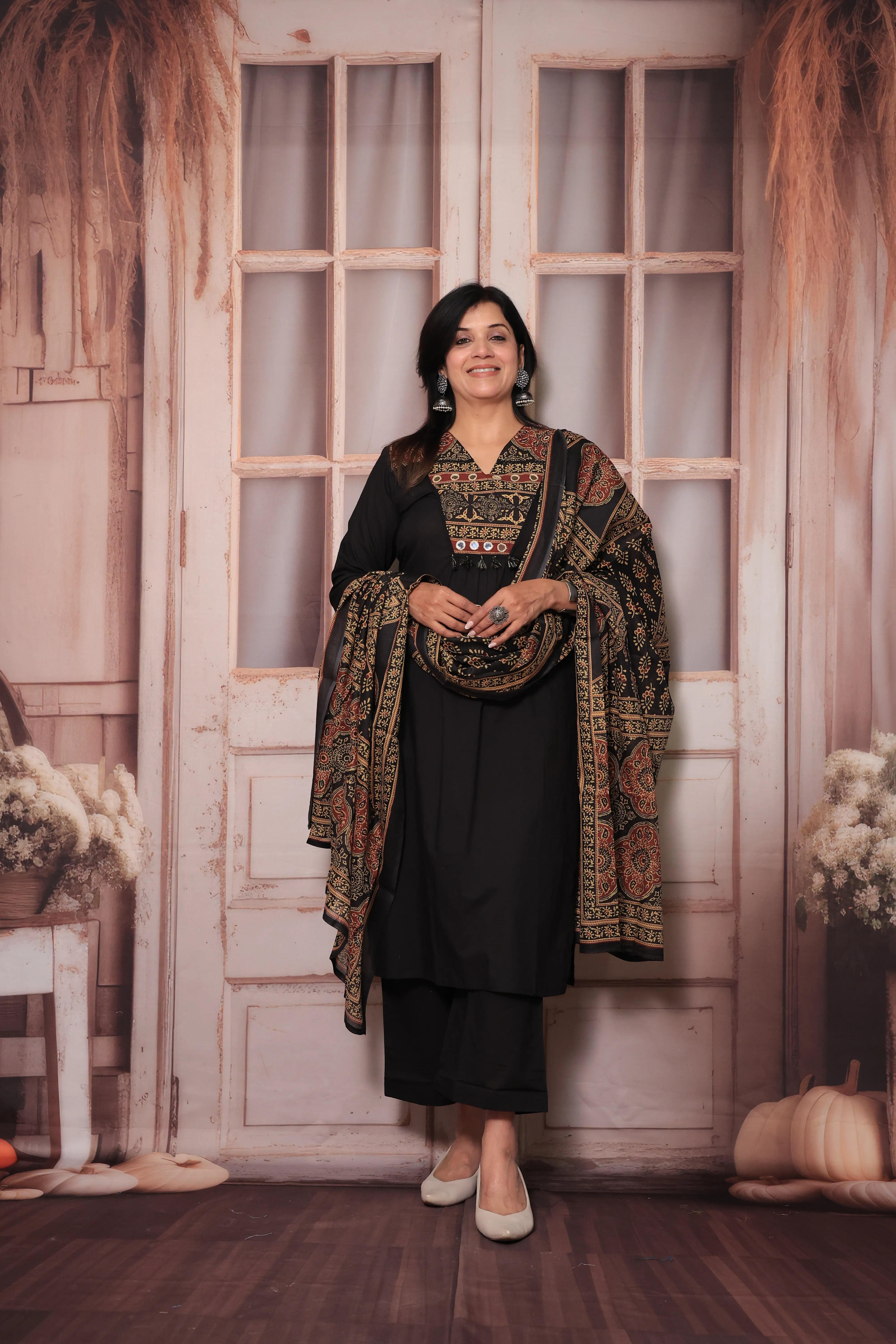 Black Kurti Pant Set with Printed Dupatta | Gamthi Print & Mirror Work | Cotton Ethnic Wear