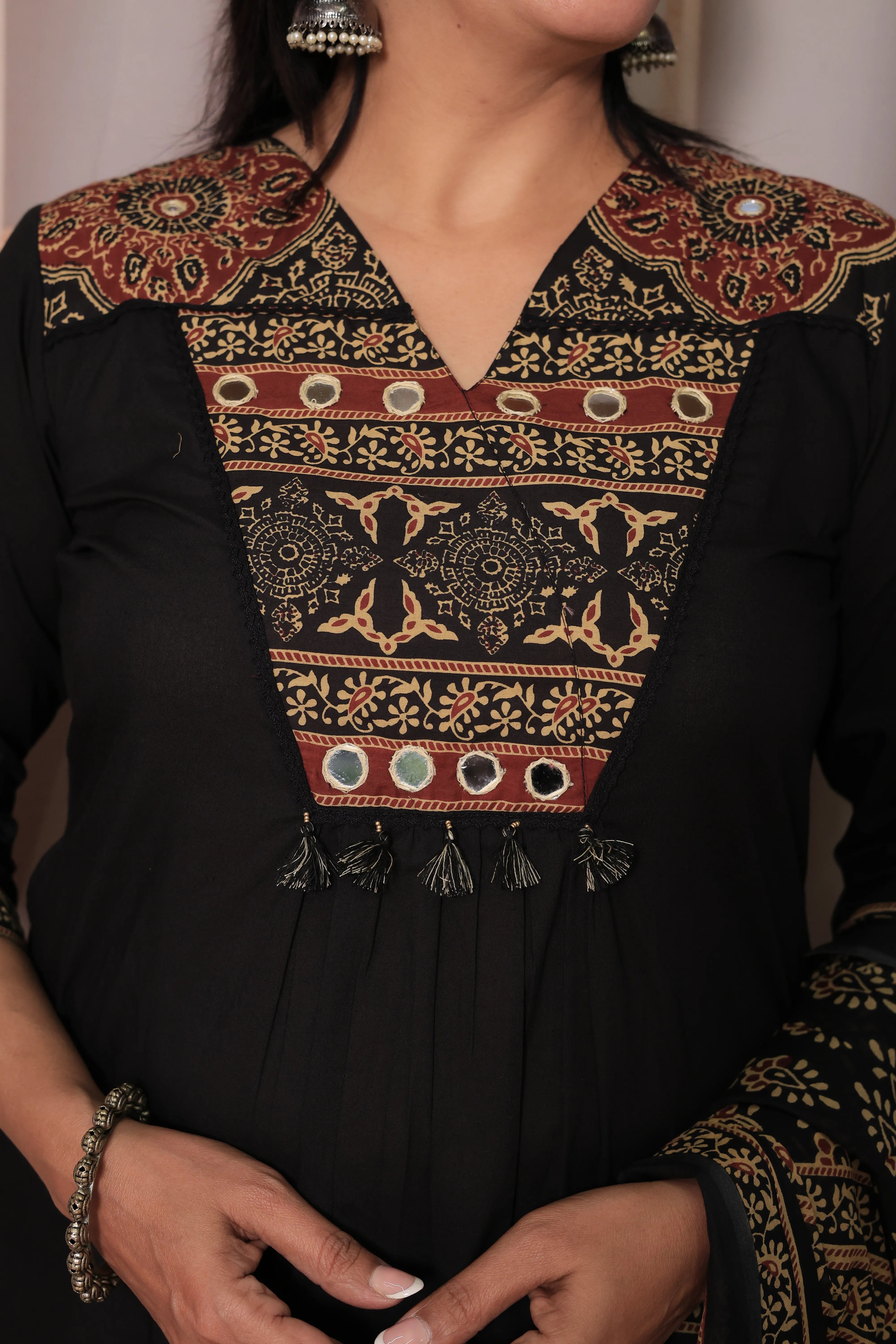 Black Kurti Pant Set with Printed Dupatta | Gamthi Print & Mirror Work | Cotton Ethnic Wear
