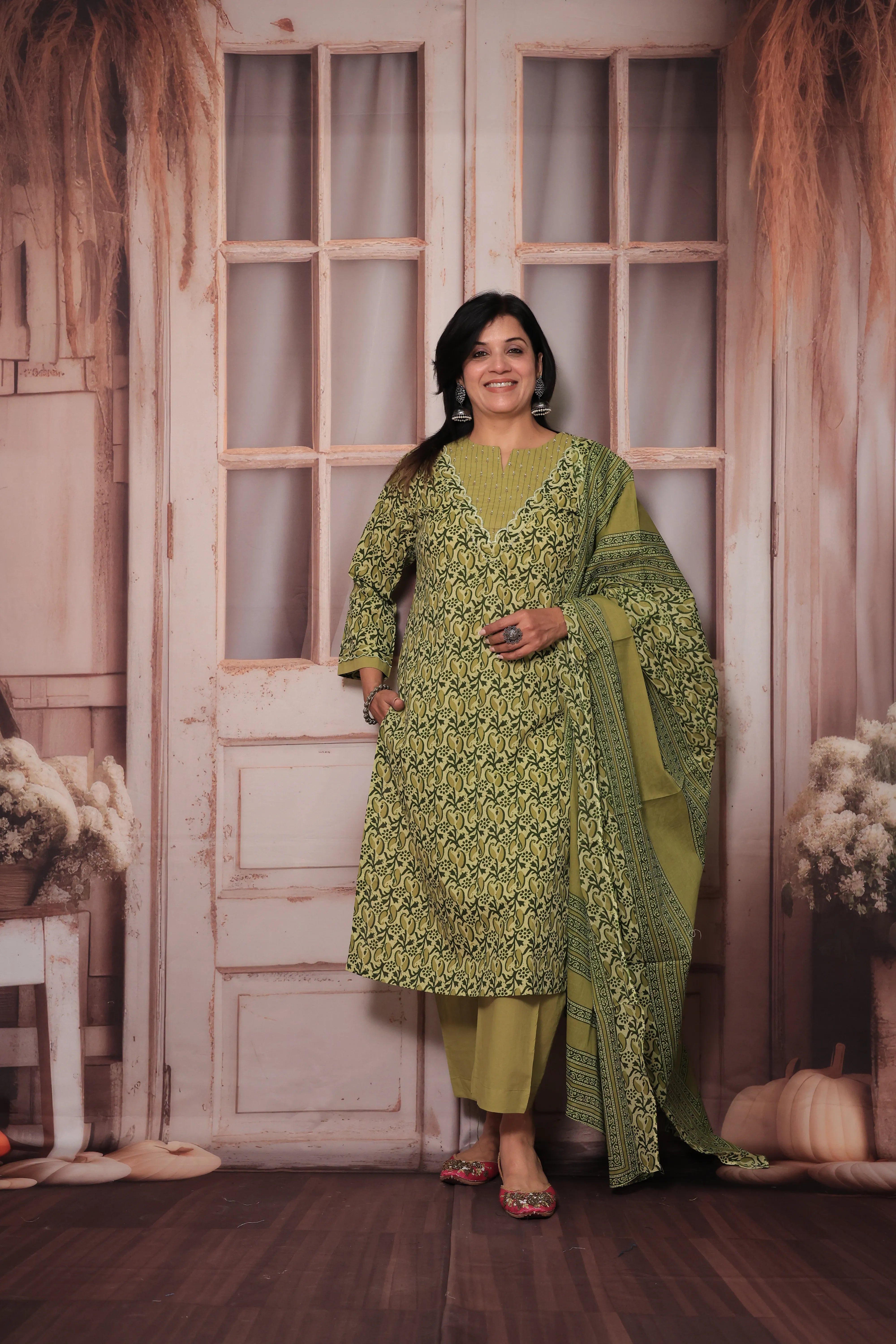 Green Yoke Embroidered Kurta Pant Set with Dupatta | Pearl Work & Floral Print