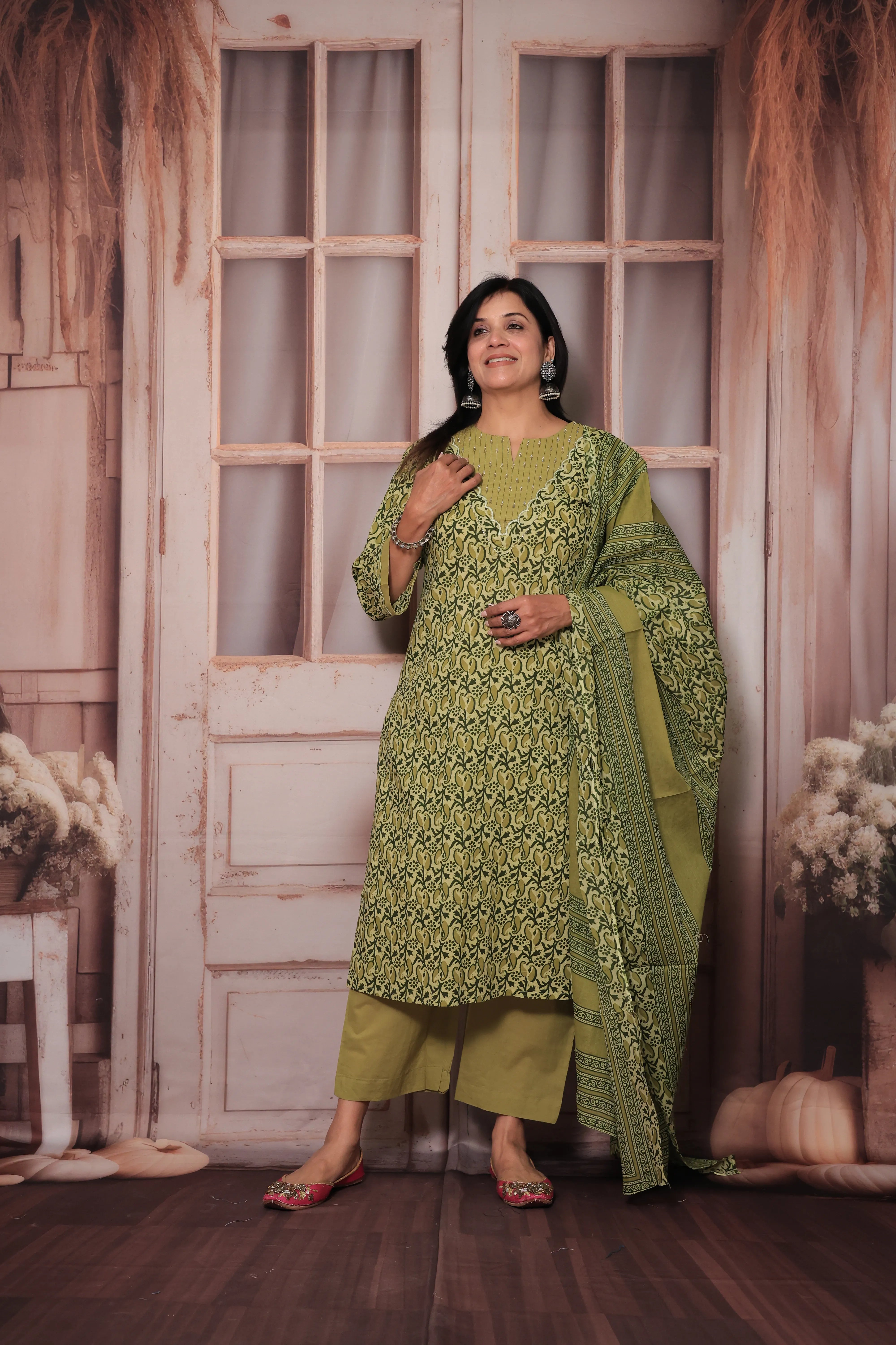 Green Yoke Embroidered Kurta Pant Set with Dupatta | Pearl Work & Floral Print