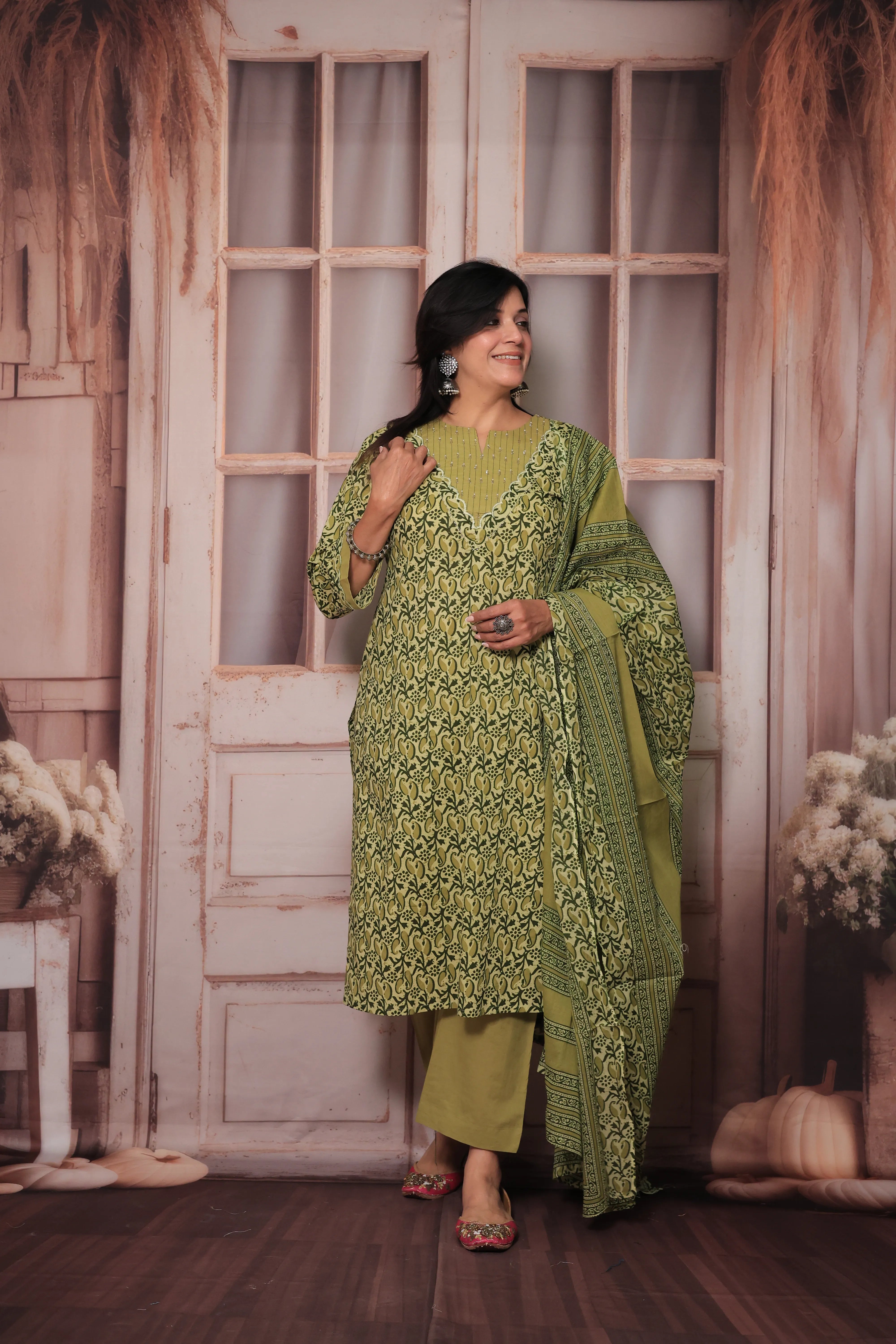 Green Yoke Embroidered Kurta Pant Set with Dupatta | Pearl Work & Floral Print
