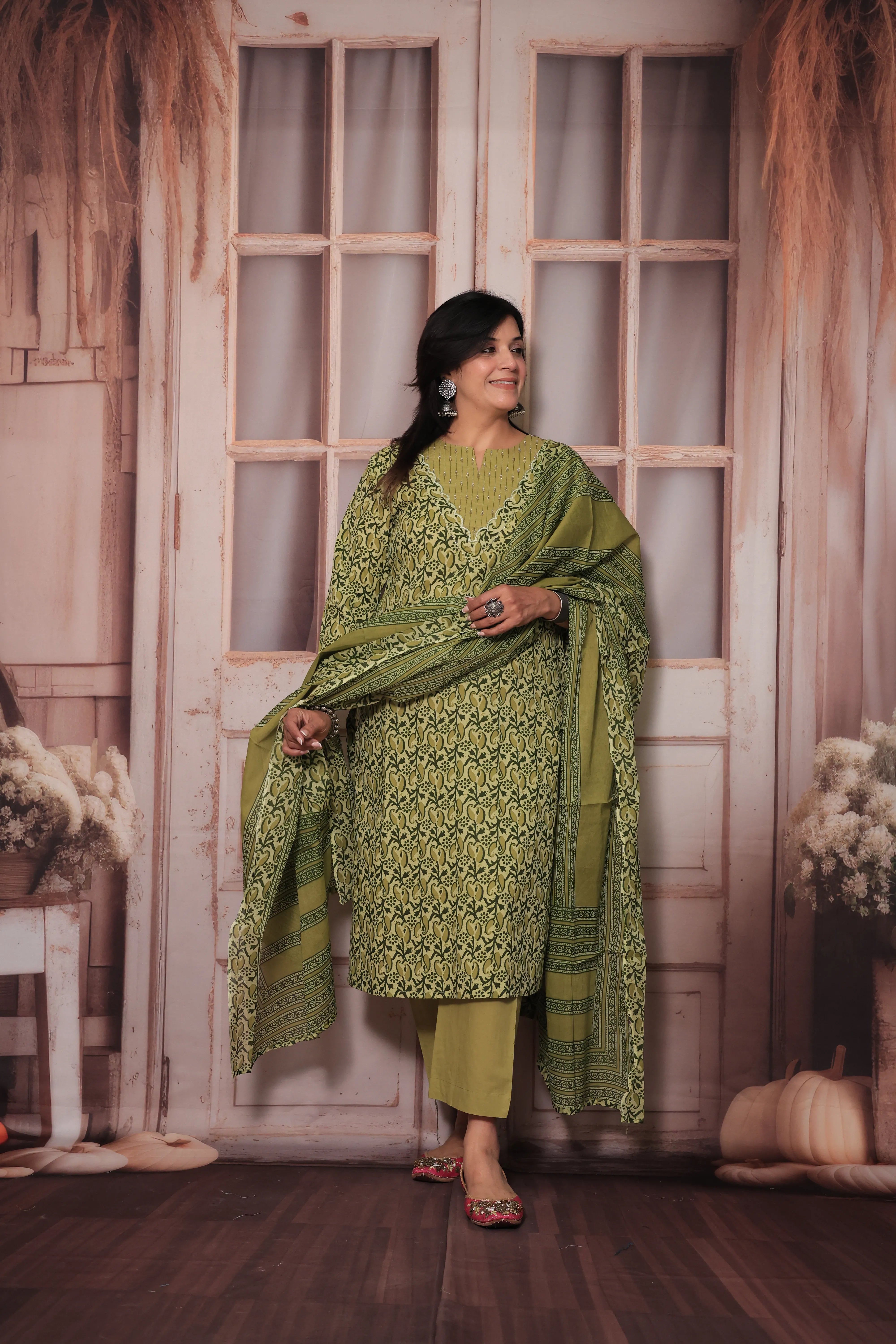 Green Yoke Embroidered Kurta Pant Set with Dupatta | Pearl Work & Floral Print