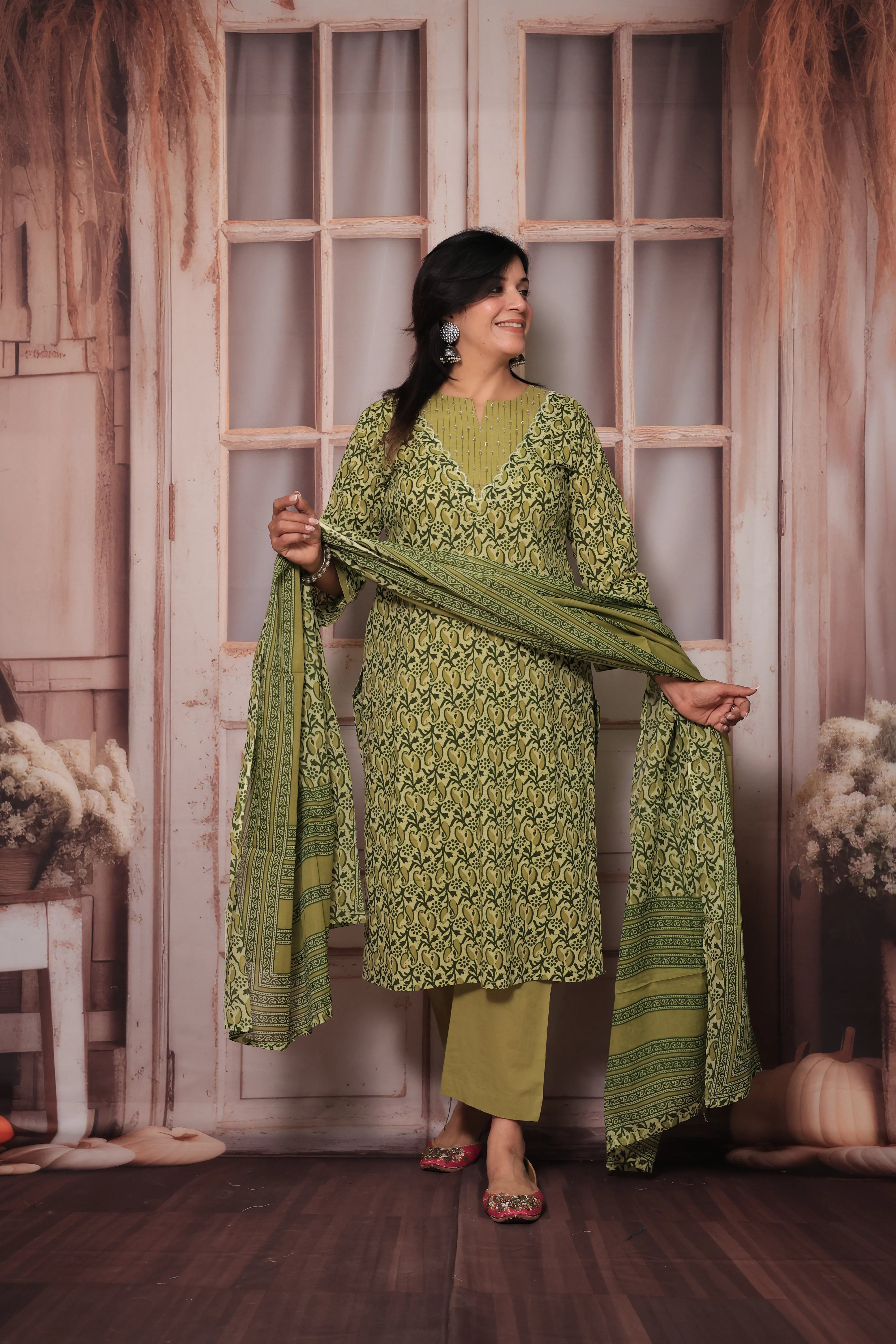 Green Yoke Embroidered Kurta Pant Set with Dupatta | Pearl Work & Floral Print