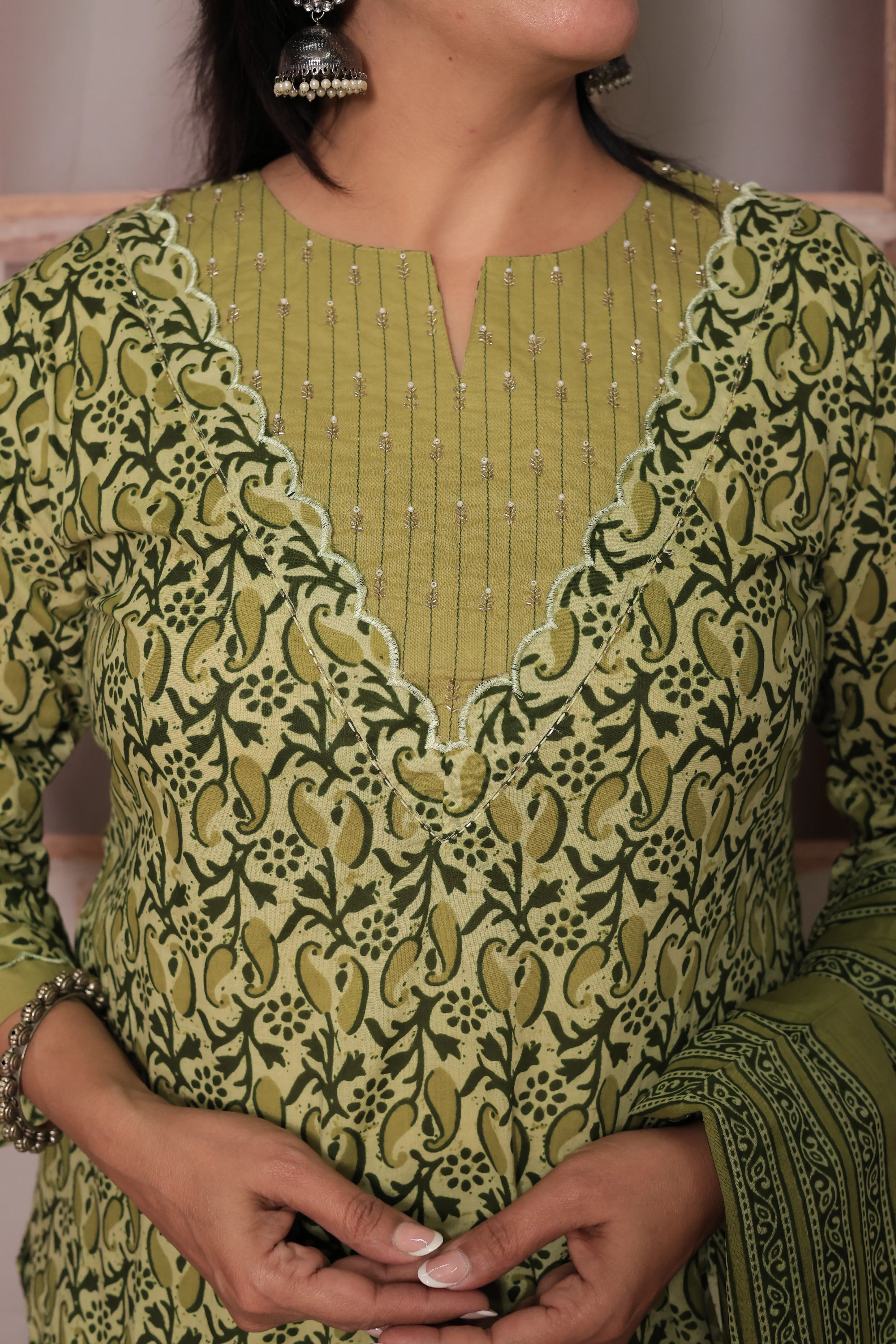 Green Yoke Embroidered Kurta Pant Set with Dupatta | Pearl Work & Floral Print
