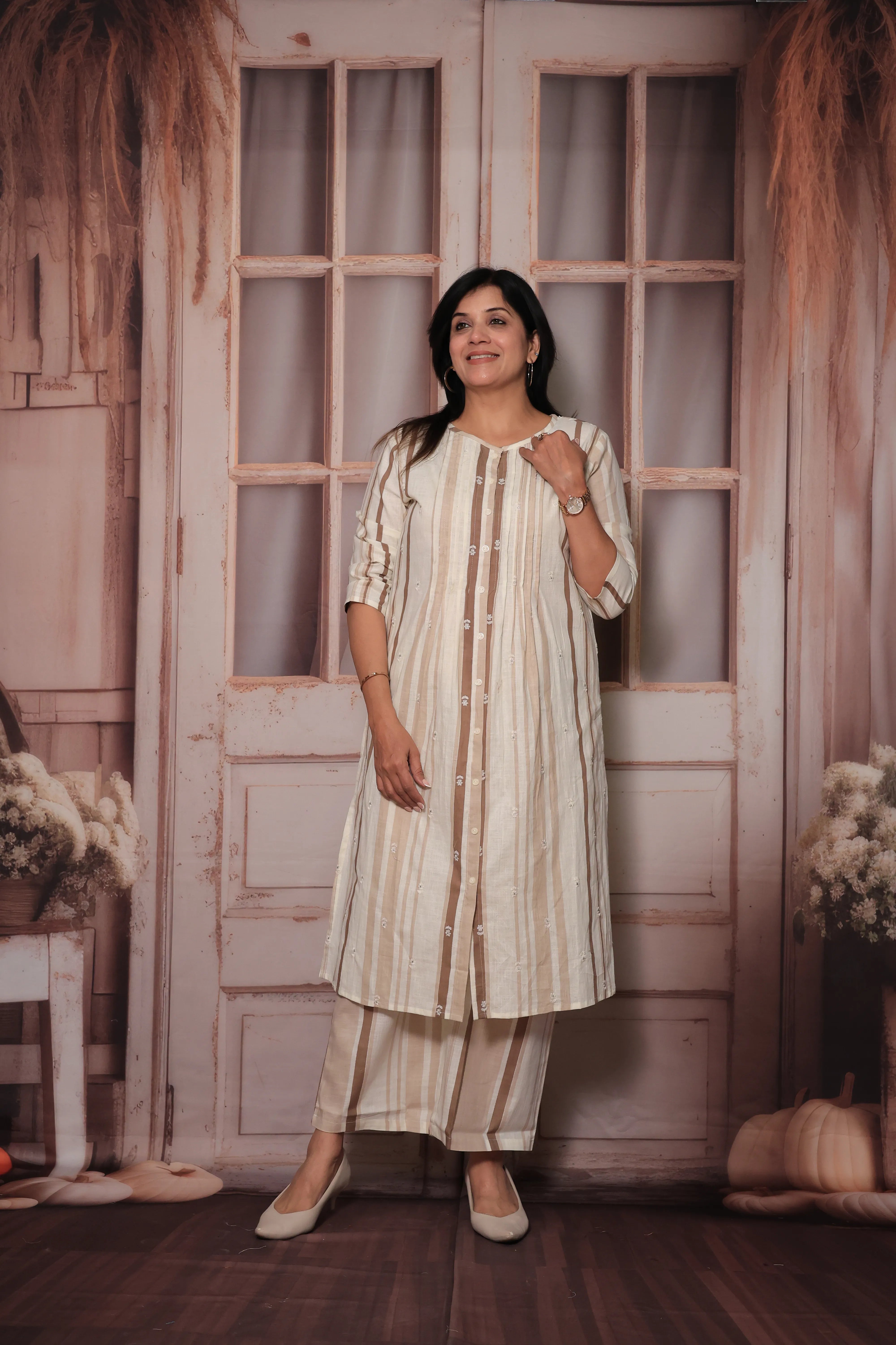 Cream & Chocolate Striped Kurti Co-Ord Set | Crochet Lace Back Detailing | Cotton Ethnic Wear