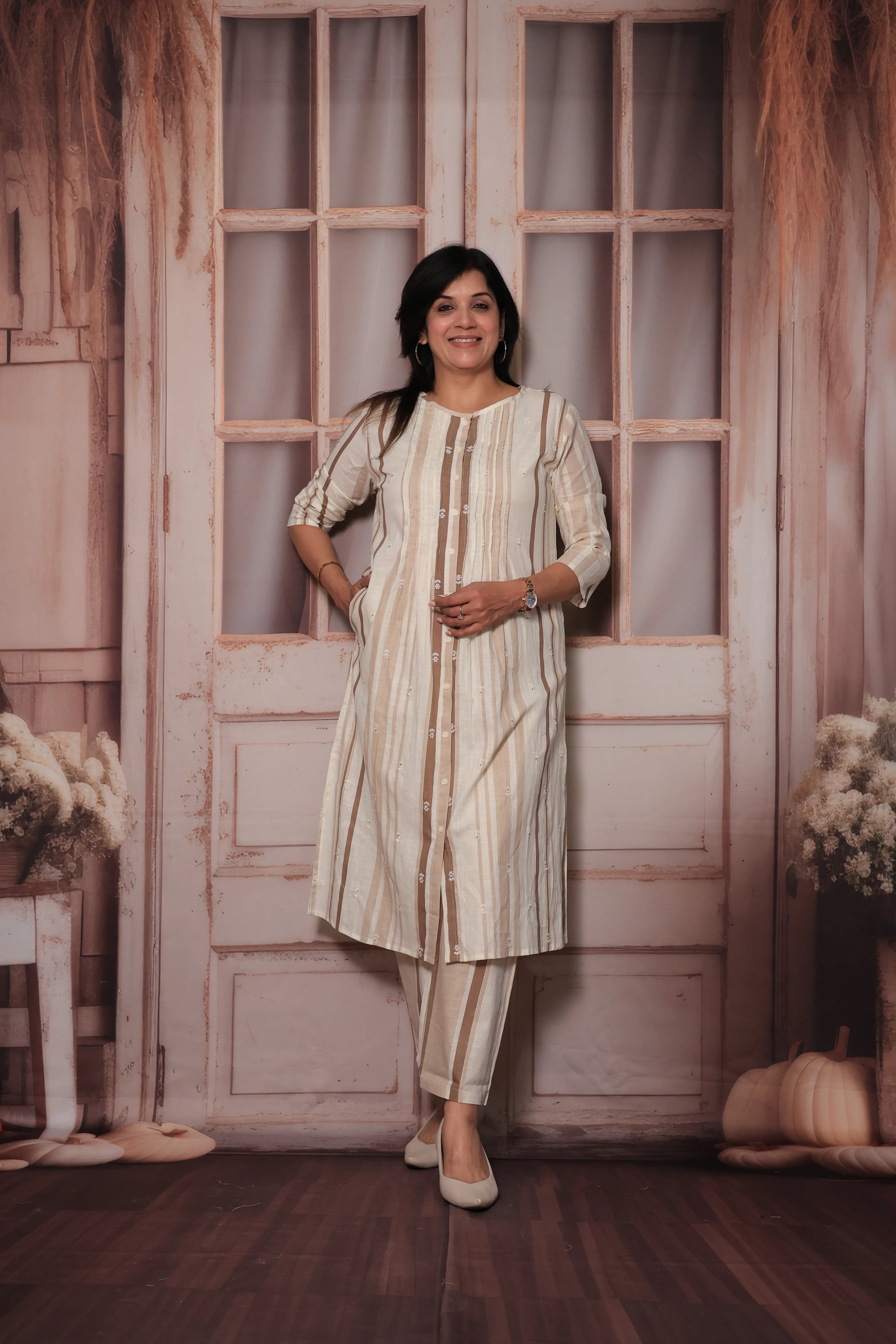 Cream & Chocolate Striped Kurti Co-Ord Set | Crochet Lace Back Detailing | Cotton Ethnic Wear