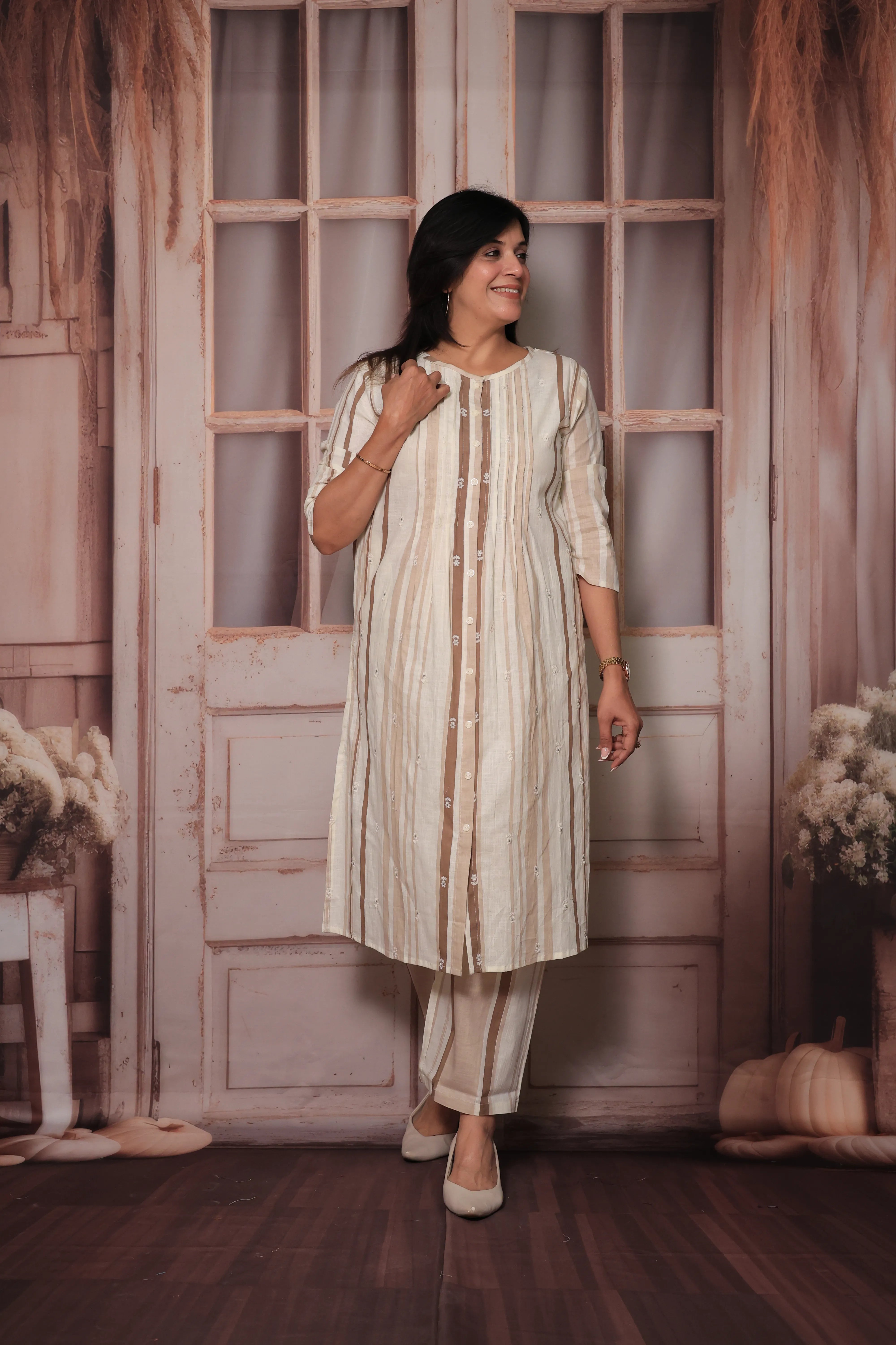 Cream & Chocolate Striped Kurti Co-Ord Set | Crochet Lace Back Detailing | Cotton Ethnic Wear