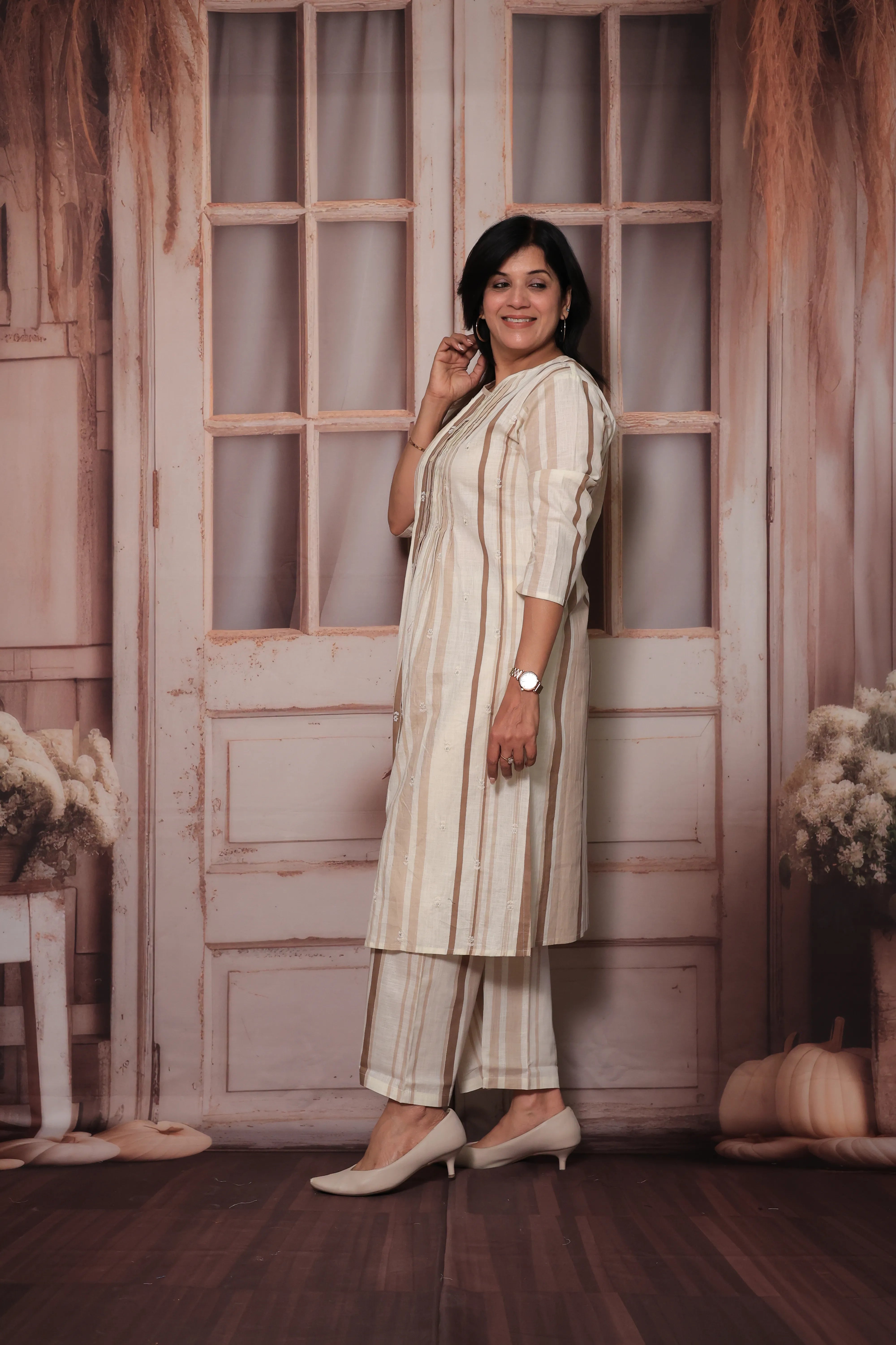 Cream & Chocolate Striped Kurti Co-Ord Set | Crochet Lace Back Detailing | Cotton Ethnic Wear