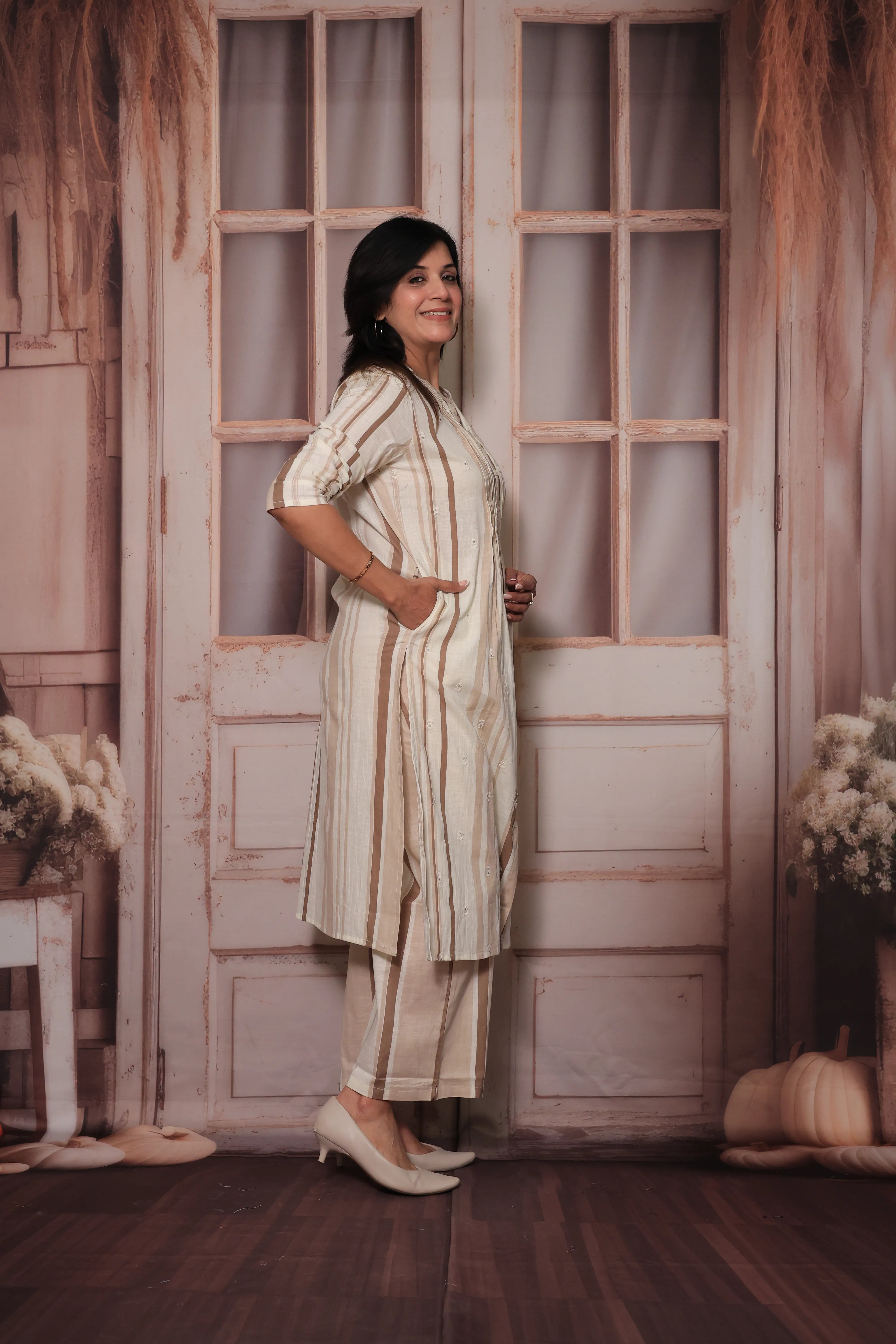 Cream & Chocolate Striped Kurti Co-Ord Set | Crochet Lace Back Detailing | Cotton Ethnic Wear