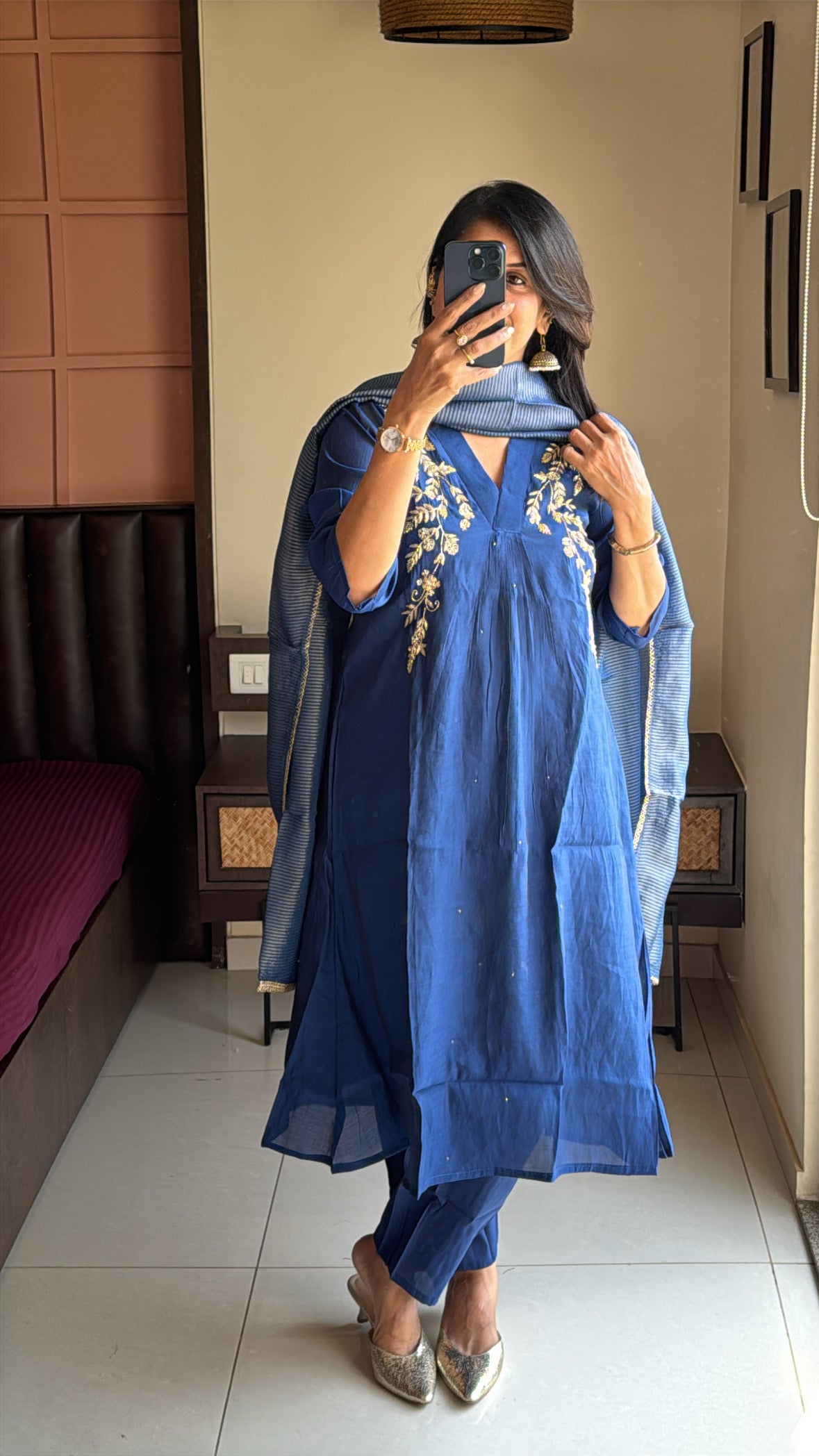 Royal Blue Yoke Embroidered A-Line Kurta Pant & Dupatta Set | Musin silk