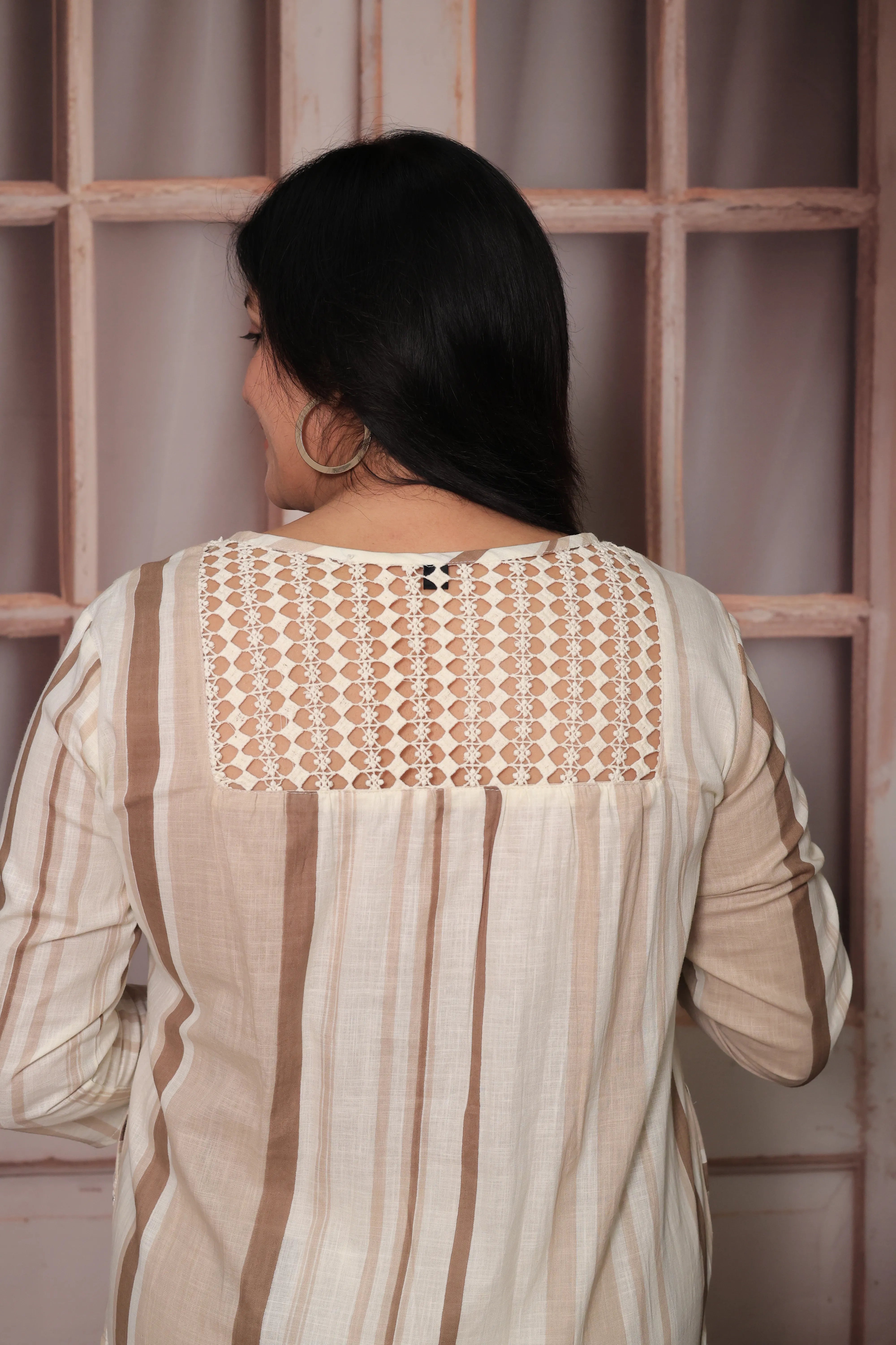 Cream & Chocolate Striped Kurti Co-Ord Set | Crochet Lace Back Detailing | Cotton Ethnic Wear