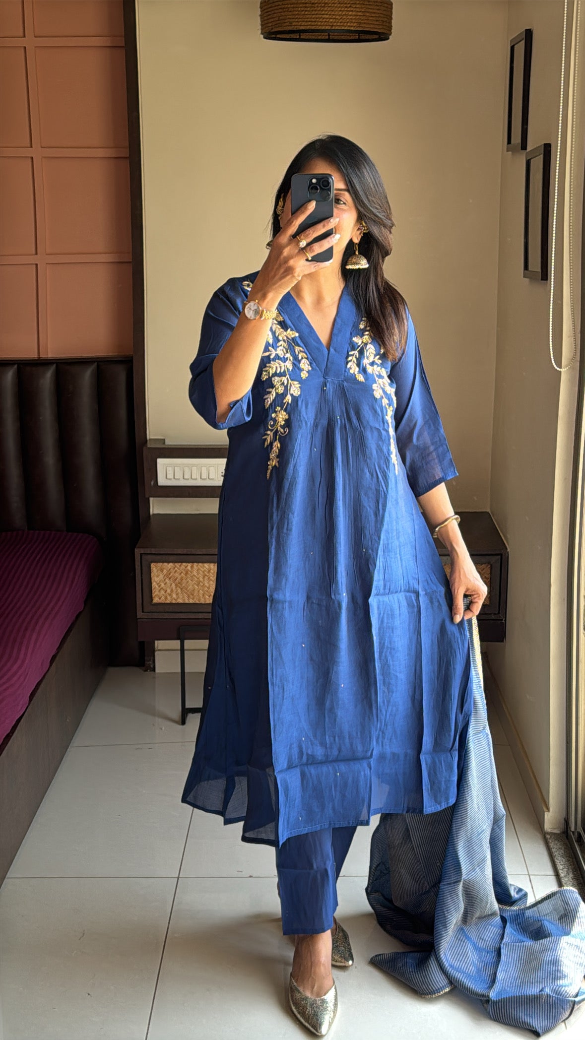 Royal Blue Yoke Embroidered A-Line Kurta Pant & Dupatta Set | Musin silk