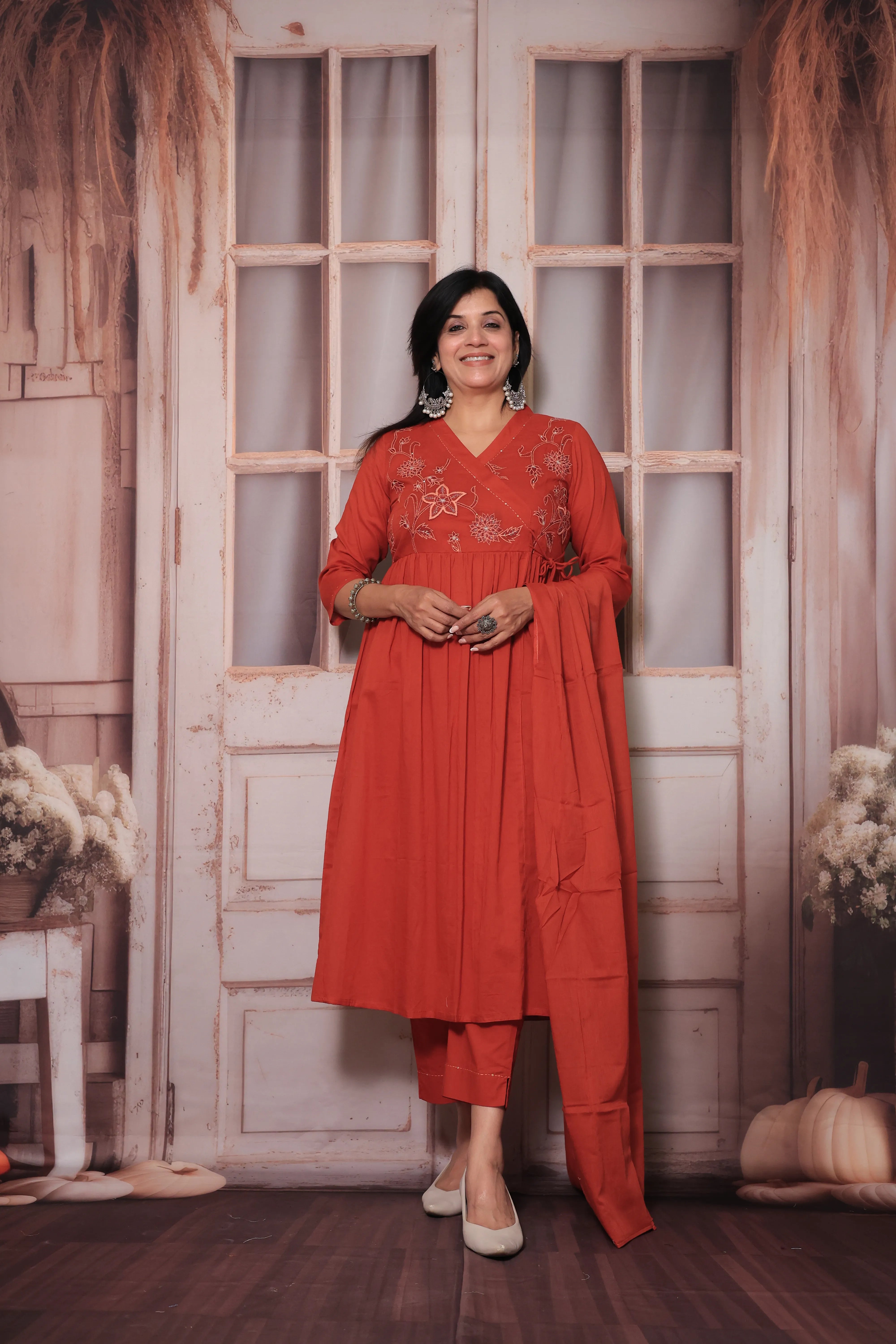 Rust Angrakha Style Kurti Pant Set with Dupatta | Floral Yoke Thread Embroidery