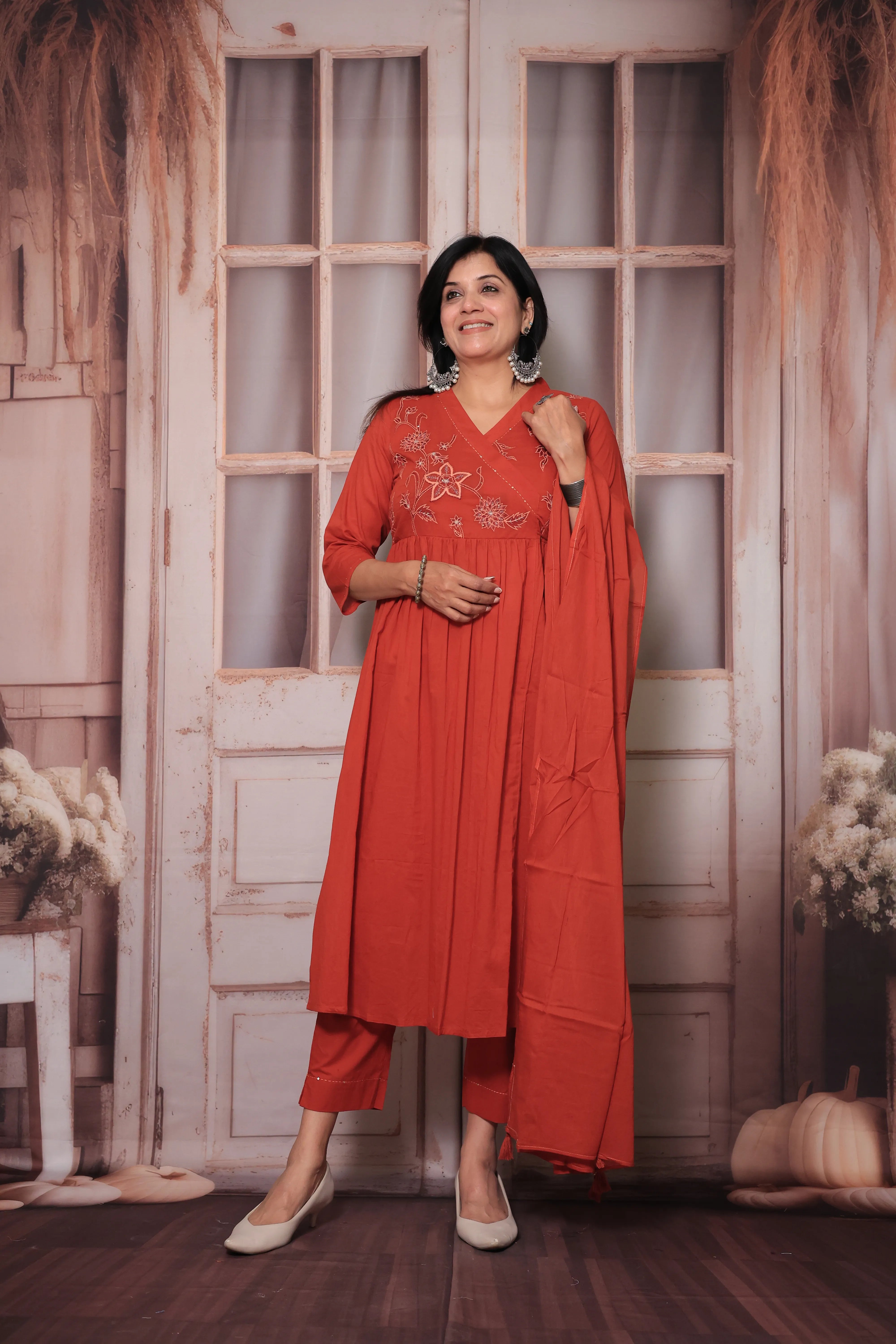 Rust Angrakha Style Kurti Pant Set with Dupatta | Floral Yoke Thread Embroidery
