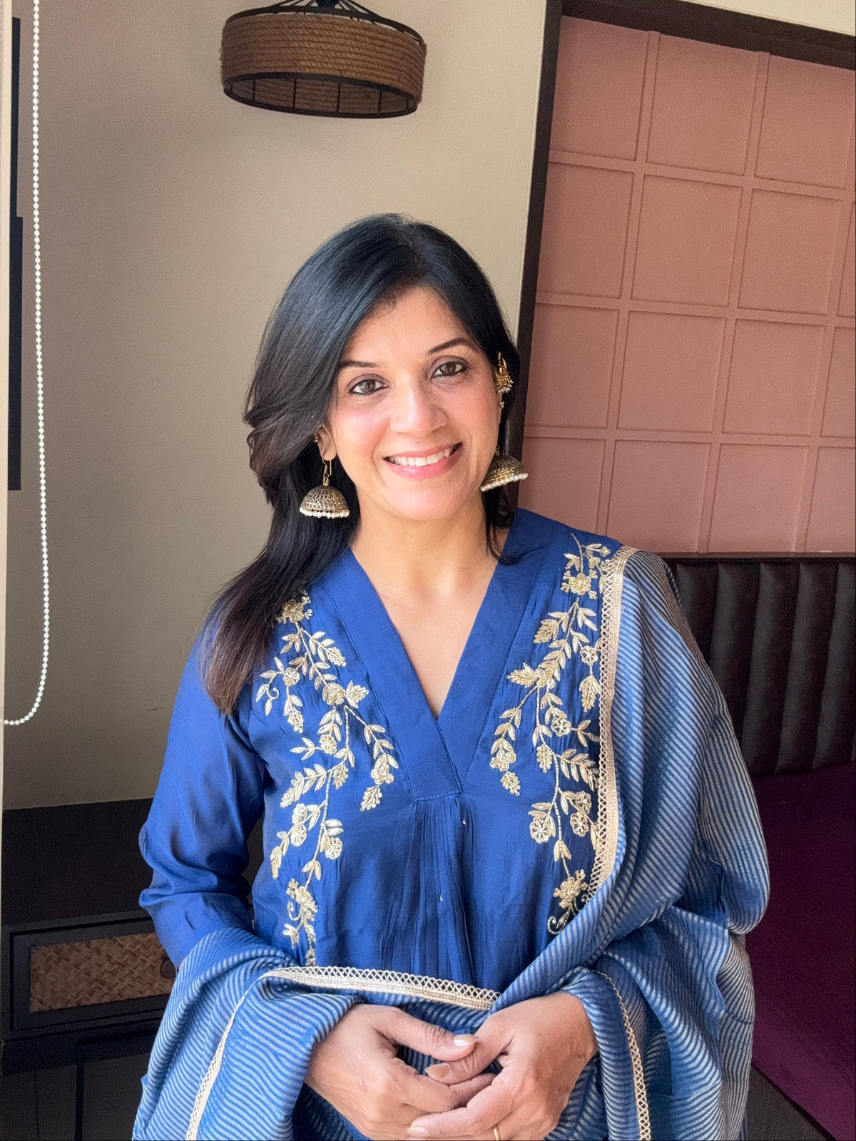 Royal Blue Yoke Embroidered A-Line Kurta Pant & Dupatta Set | Musin silk