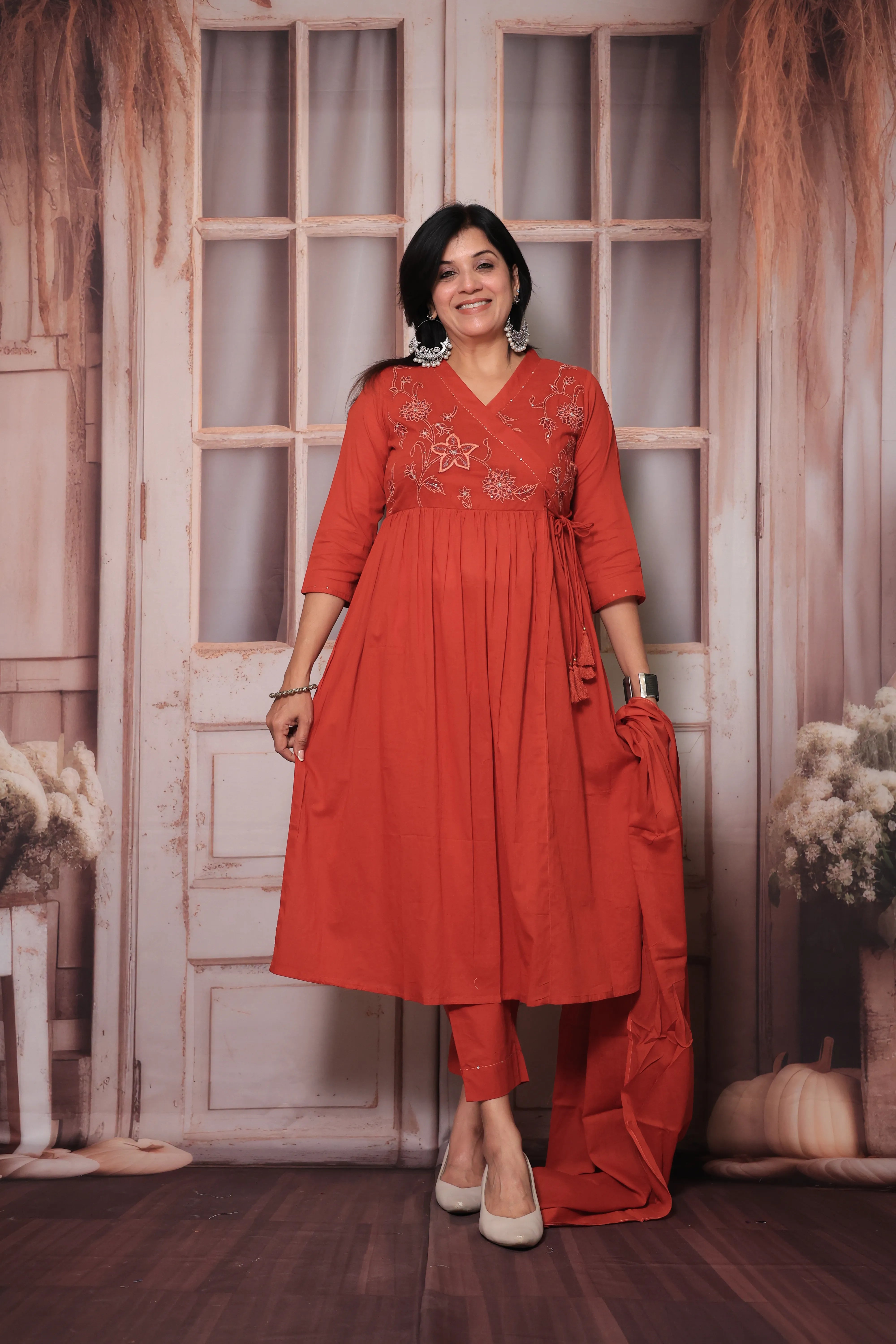 Rust Angrakha Style Kurti Pant Set with Dupatta | Floral Yoke Thread Embroidery