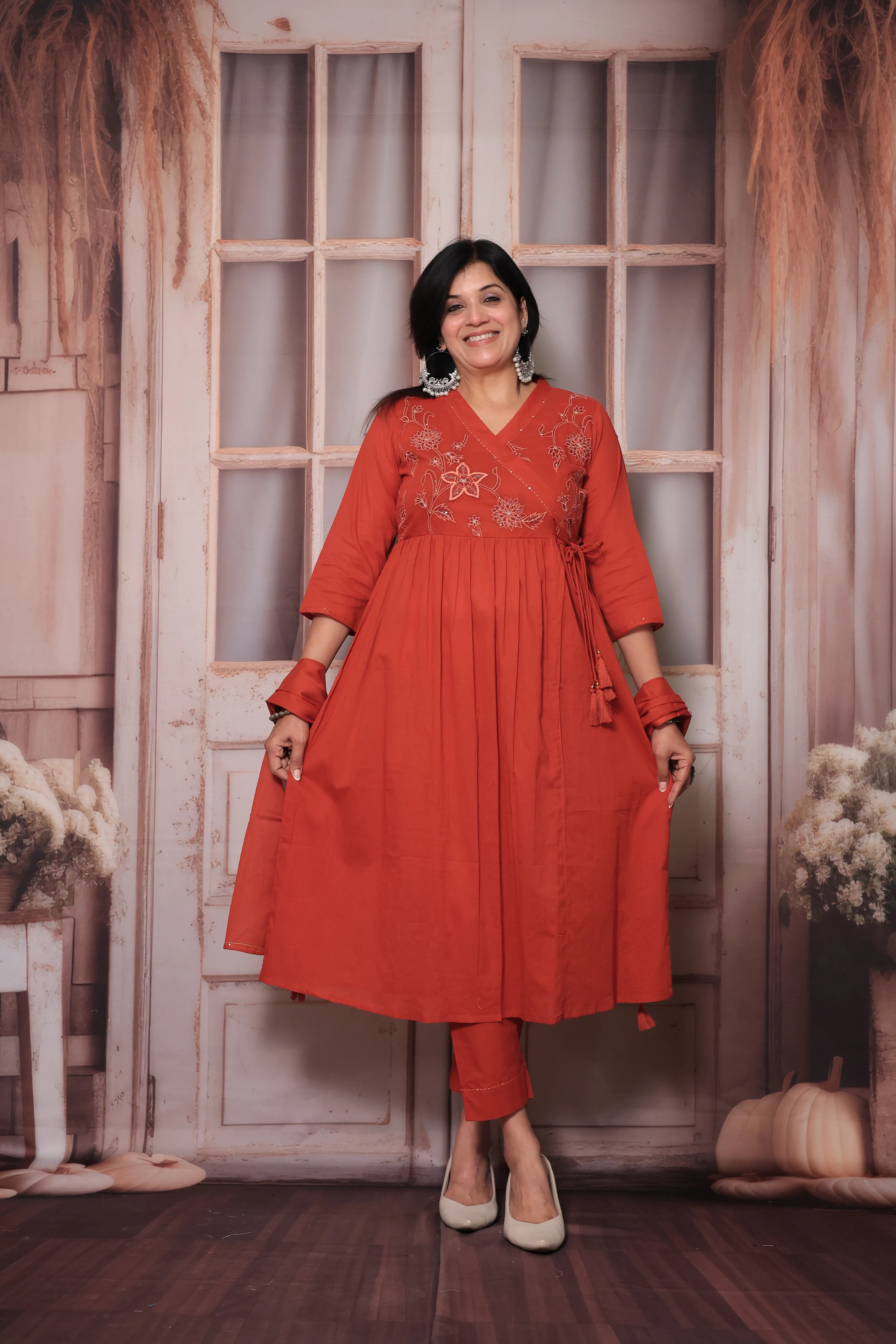 Rust Angrakha Style Kurti Pant Set with Dupatta | Floral Yoke Thread Embroidery