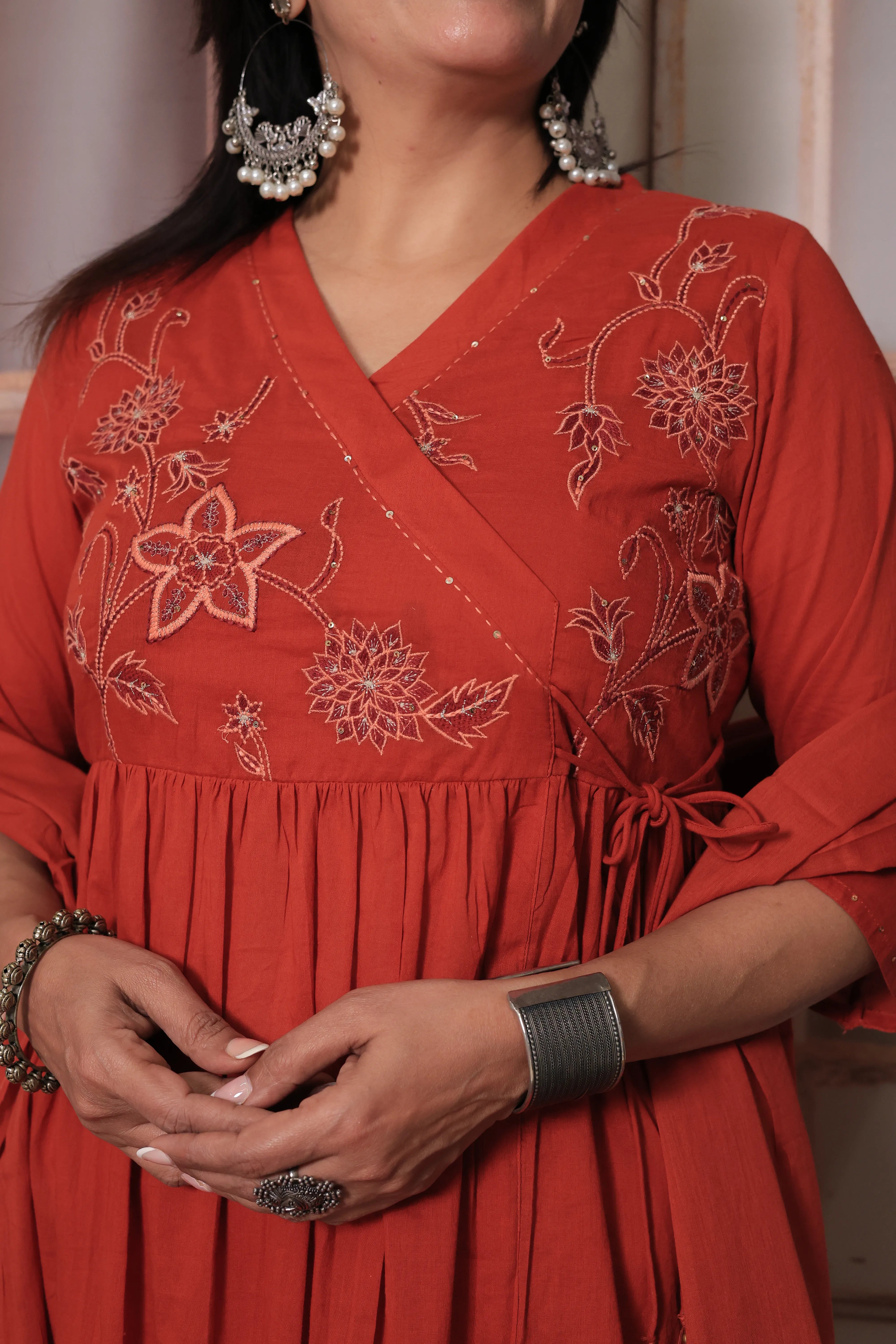 Rust Angrakha Style Kurti Pant Set with Dupatta | Floral Yoke Thread Embroidery