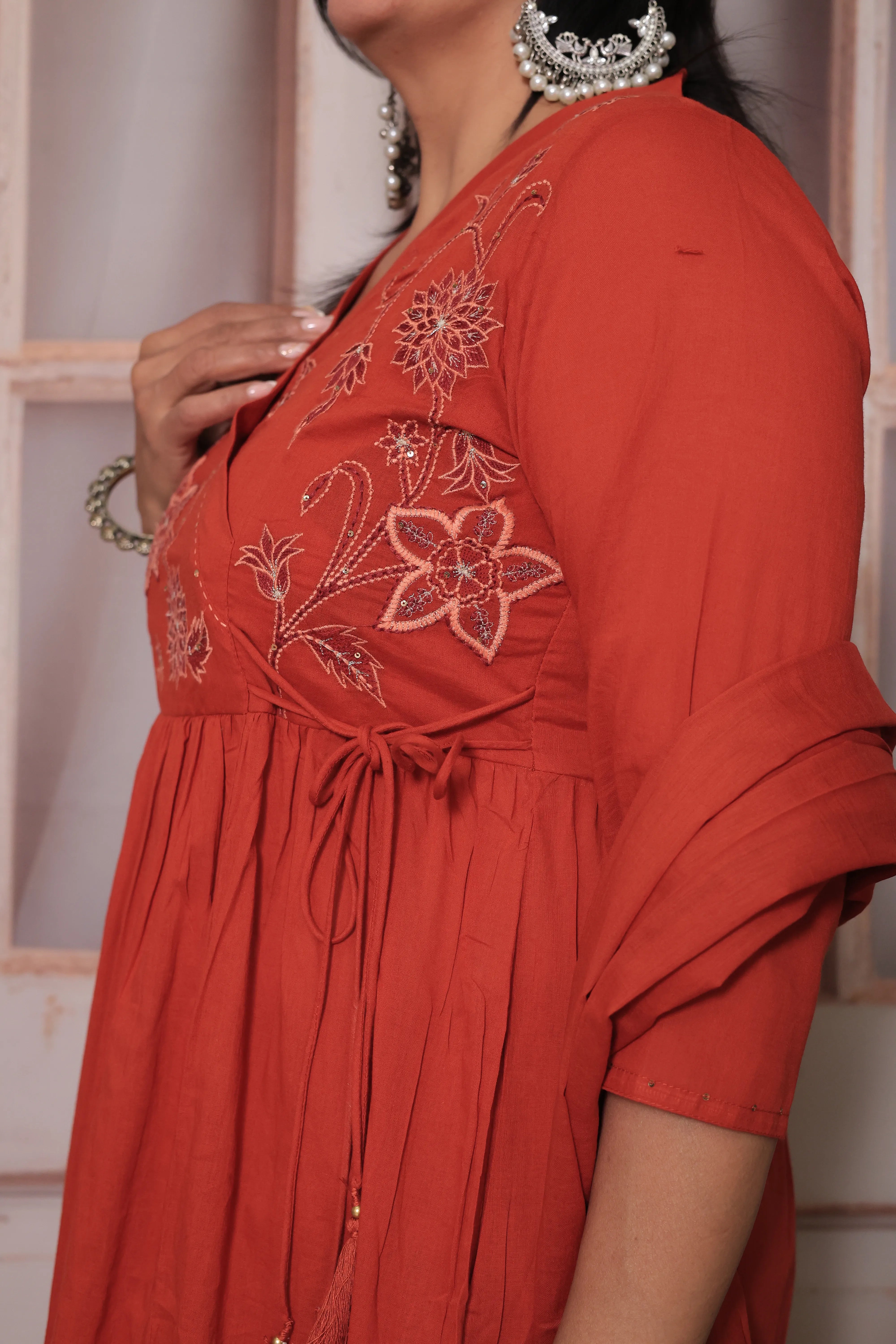 Rust Angrakha Style Kurti Pant Set with Dupatta | Floral Yoke Thread Embroidery