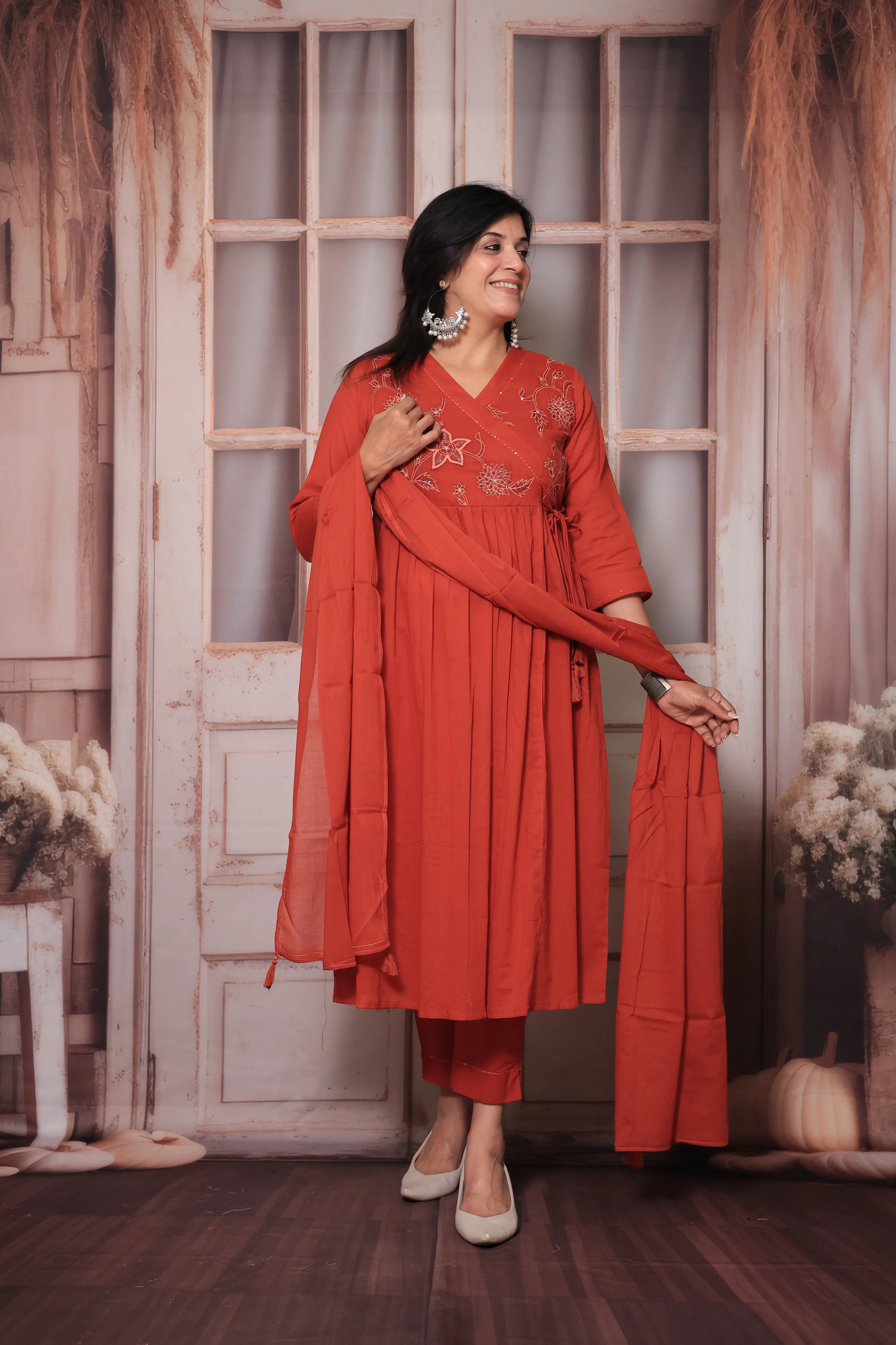 Rust Angrakha Style Kurti Pant Set with Dupatta | Floral Yoke Thread Embroidery