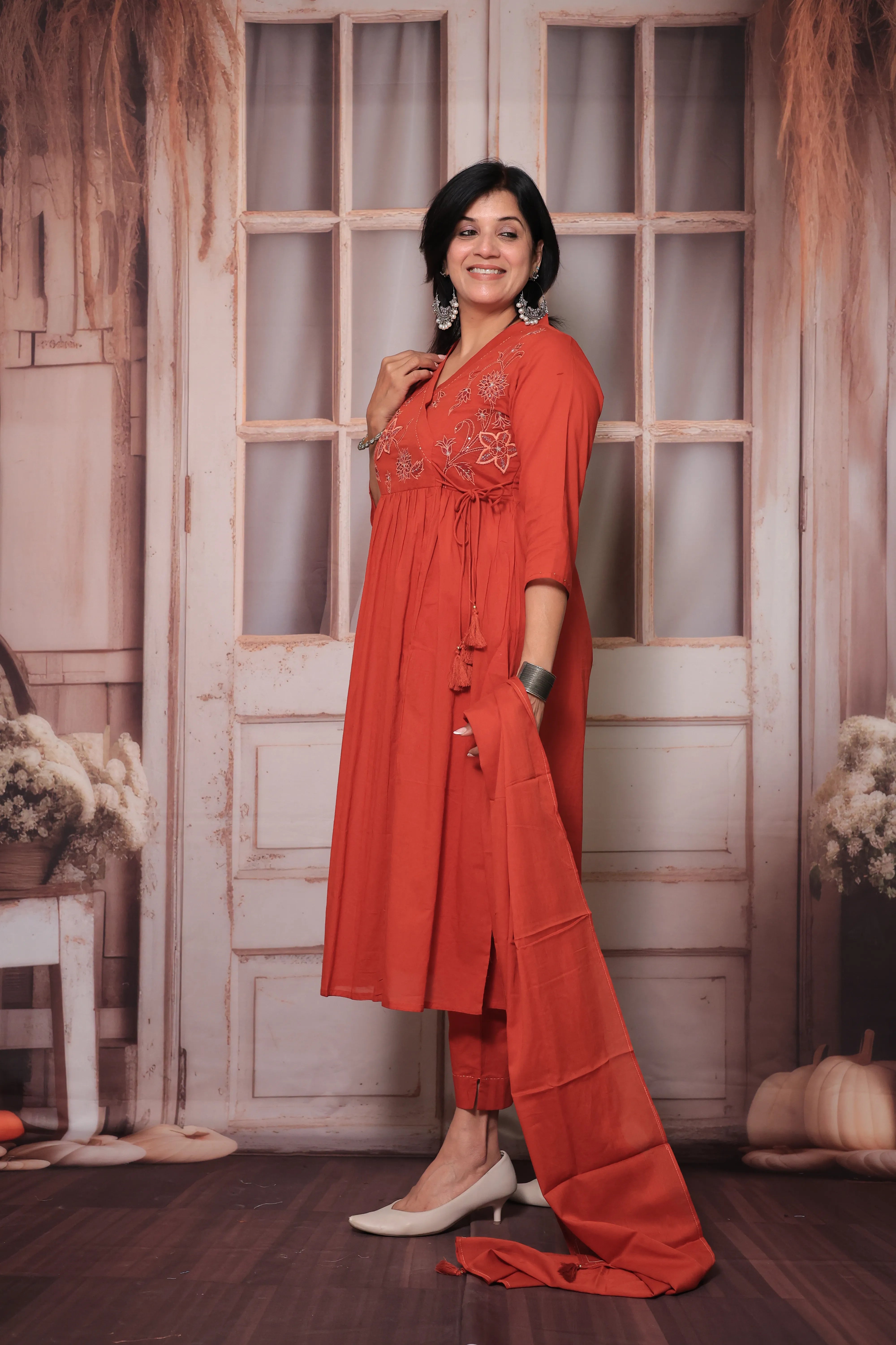 Rust Angrakha Style Kurti Pant Set with Dupatta | Floral Yoke Thread Embroidery