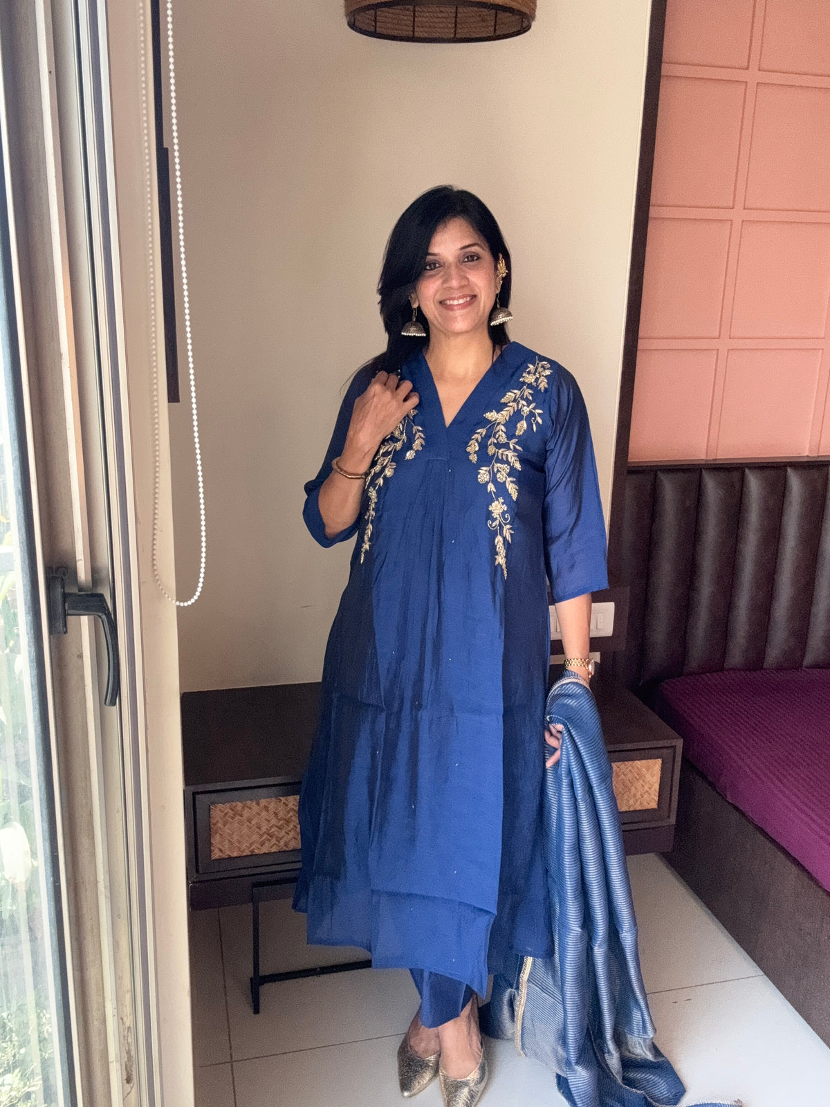 Royal Blue Yoke Embroidered A-Line Kurta Pant & Dupatta Set | Musin silk