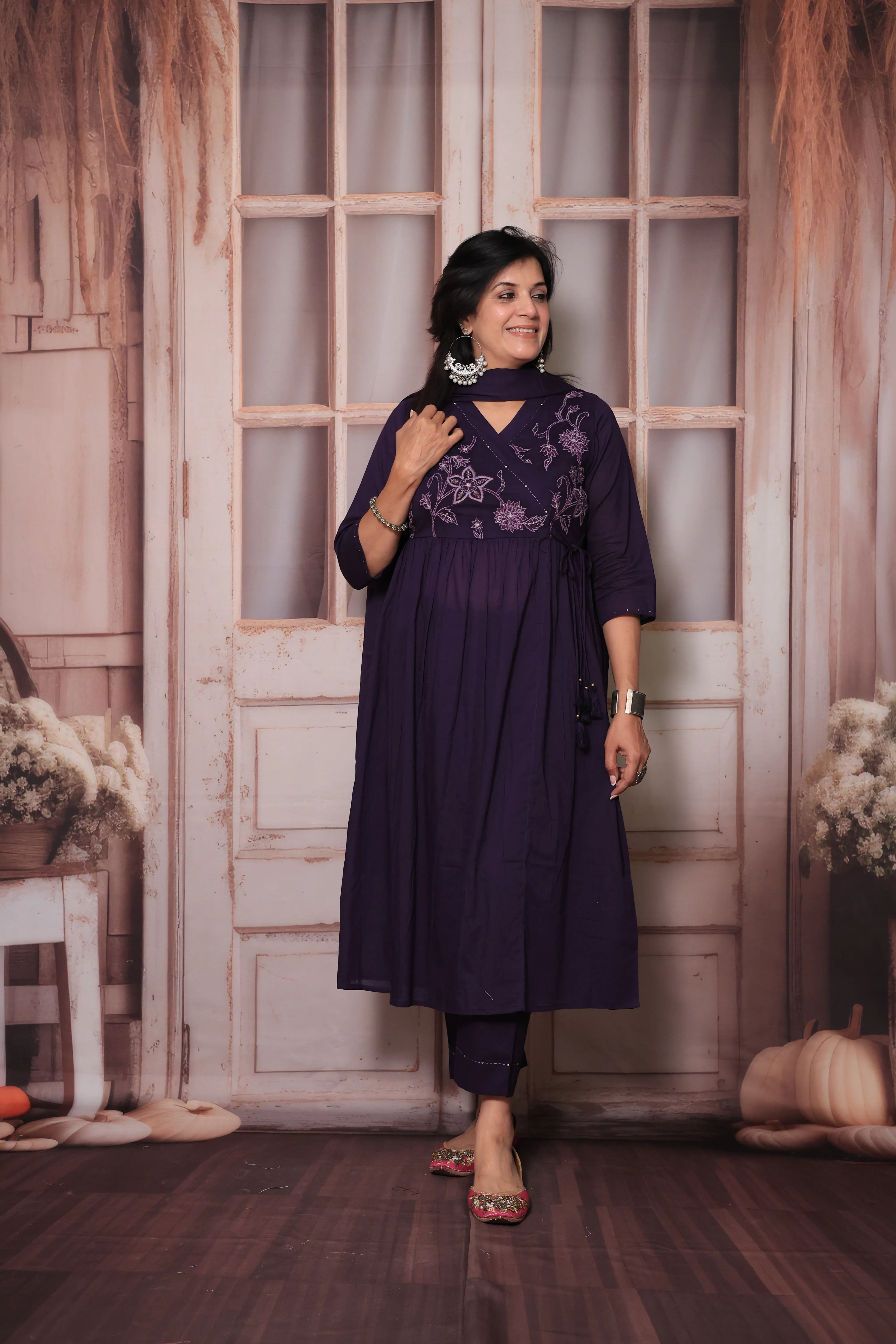 Dark Purple Angrakha Style Kurti Pant Set with Dupatta | Floral Yoke Thread Embroidery