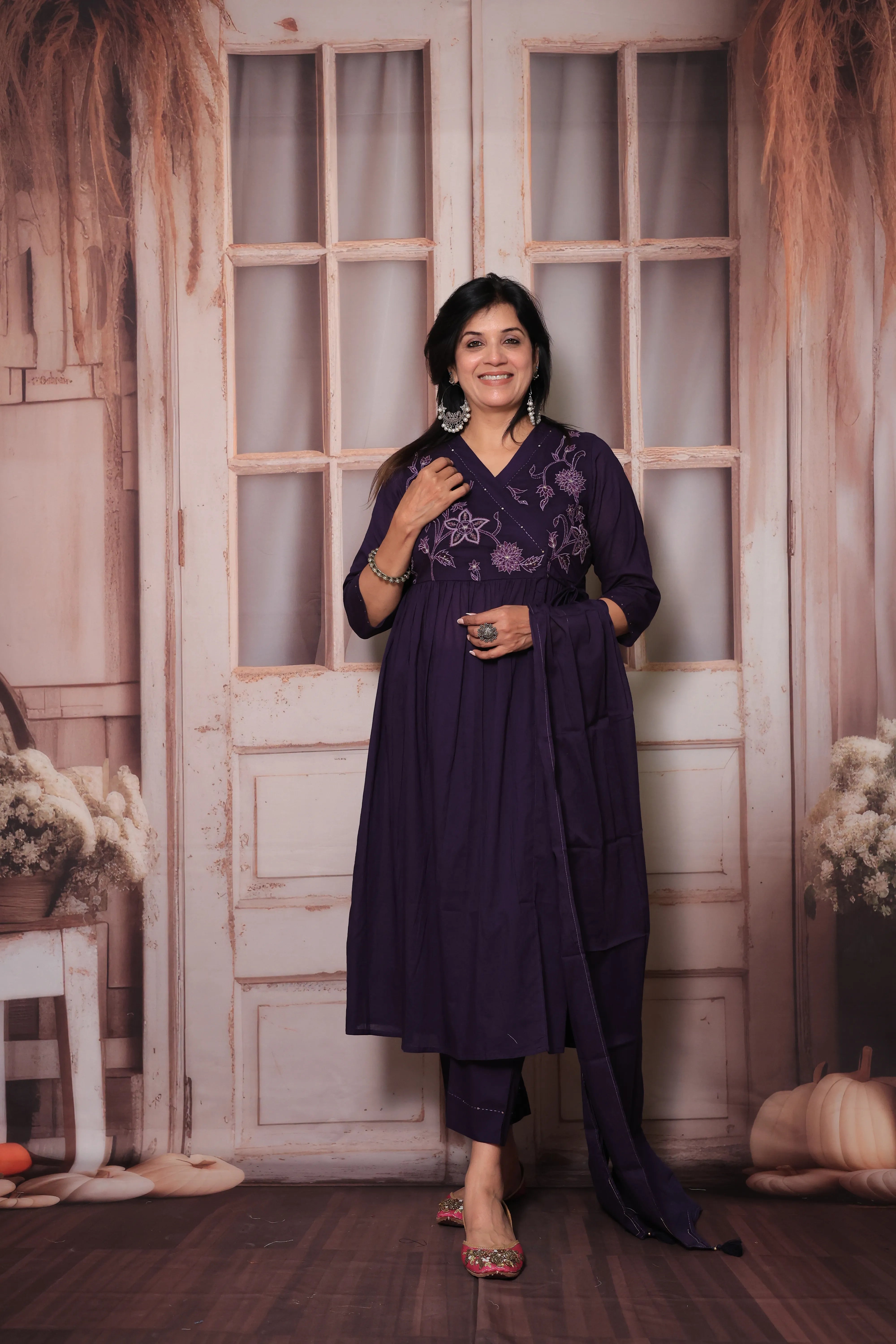 Dark Purple Angrakha Style Kurti Pant Set with Dupatta | Floral Yoke Thread Embroidery