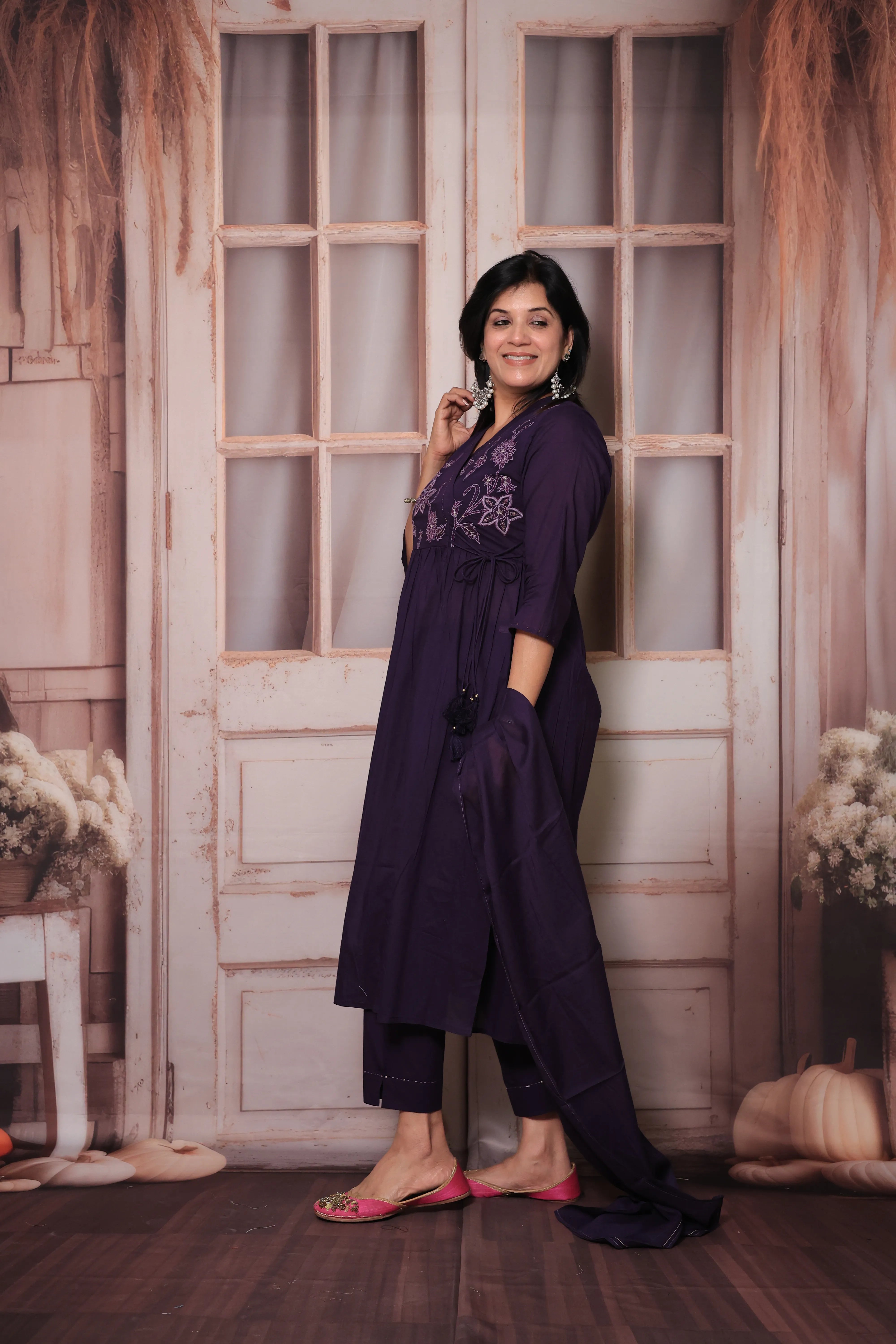 Dark Purple Angrakha Style Kurti Pant Set with Dupatta | Floral Yoke Thread Embroidery