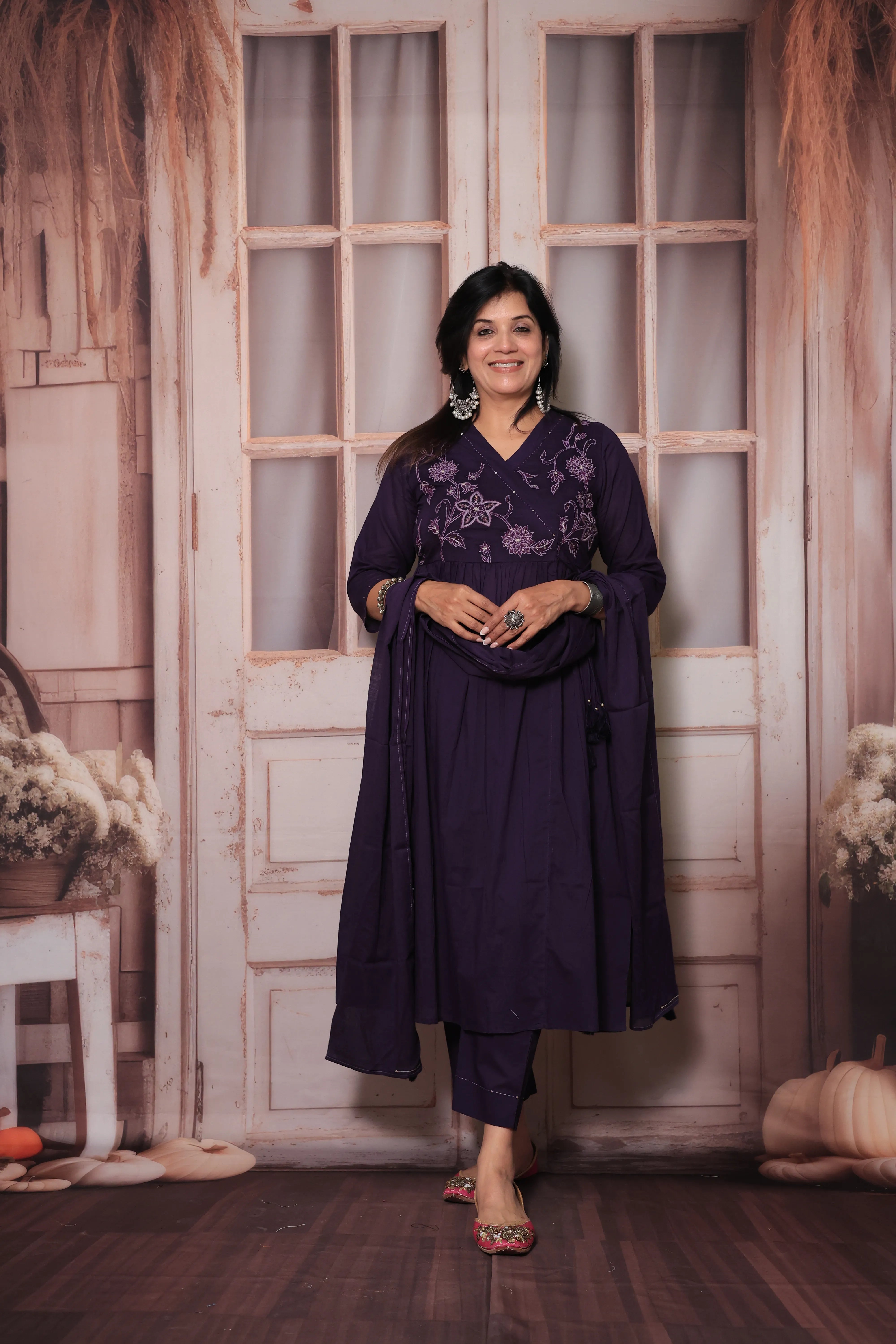 Dark Purple Angrakha Style Kurti Pant Set with Dupatta | Floral Yoke Thread Embroidery