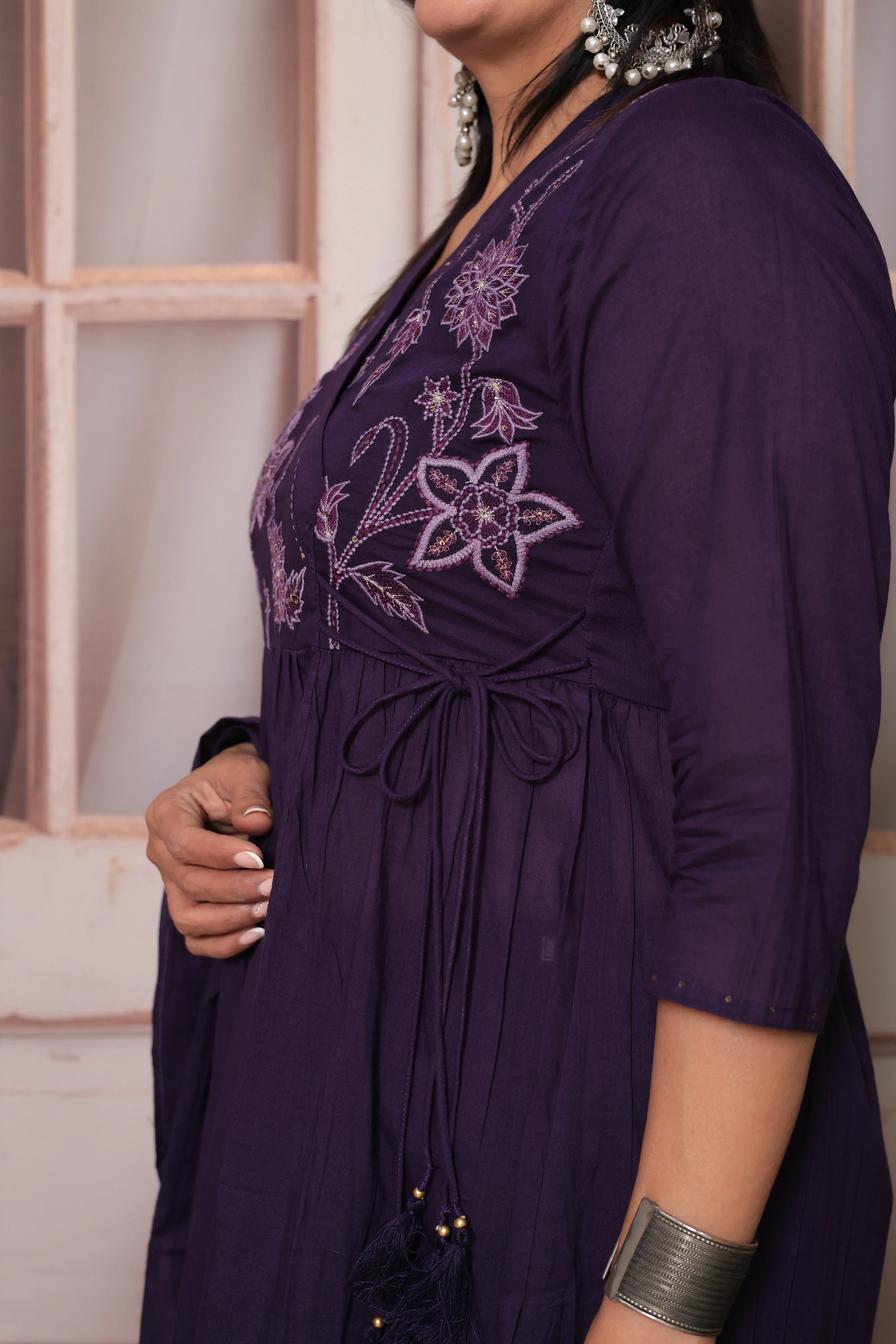 Dark Purple Angrakha Style Kurti Pant Set with Dupatta | Floral Yoke Thread Embroidery