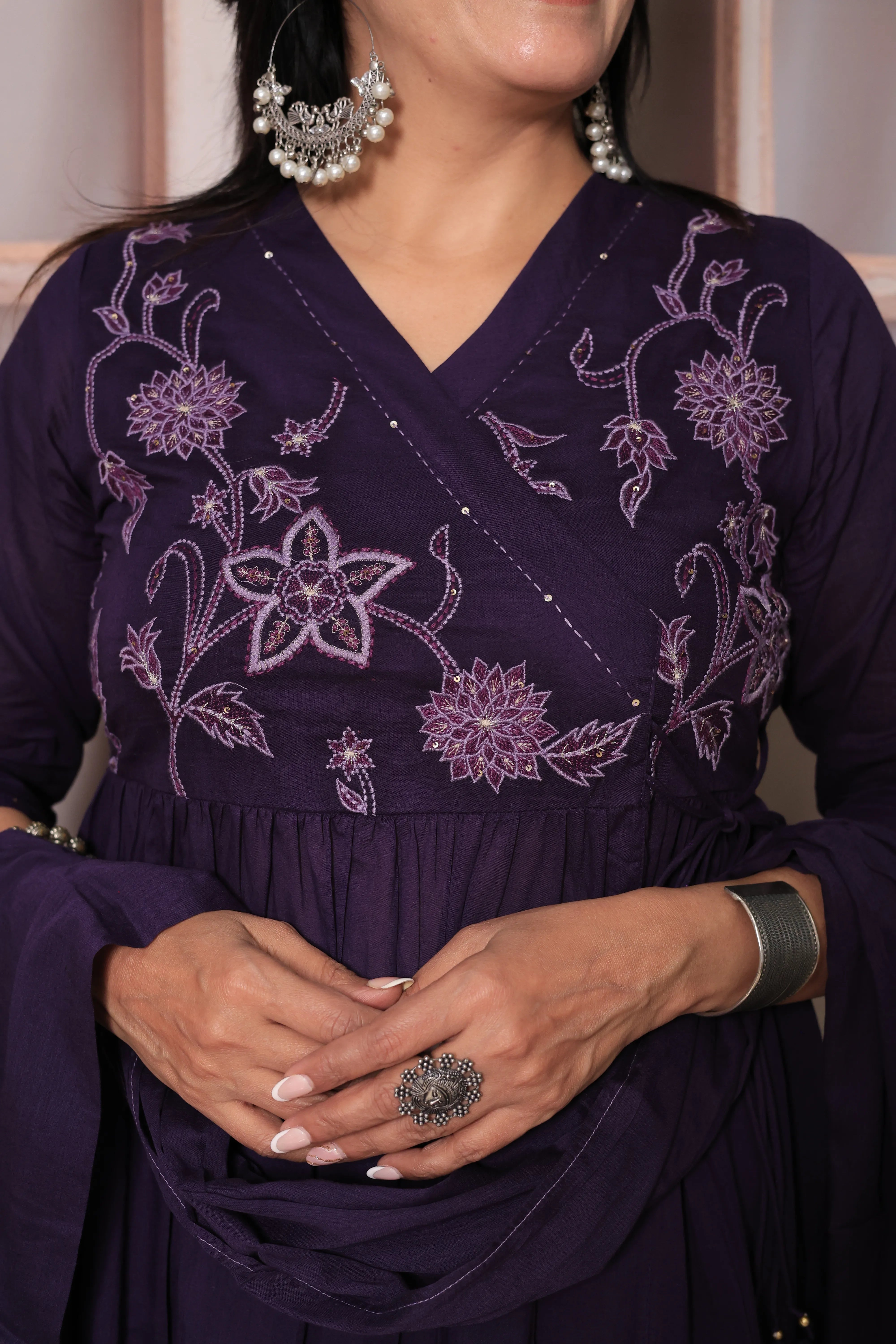 Dark Purple Angrakha Style Kurti Pant Set with Dupatta | Floral Yoke Thread Embroidery