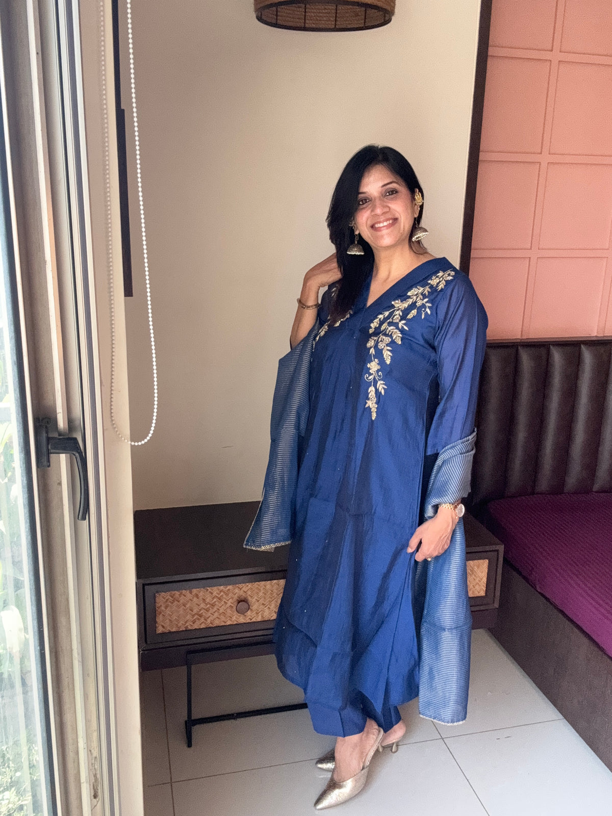 Royal Blue Yoke Embroidered A-Line Kurta Pant & Dupatta Set | Musin silk