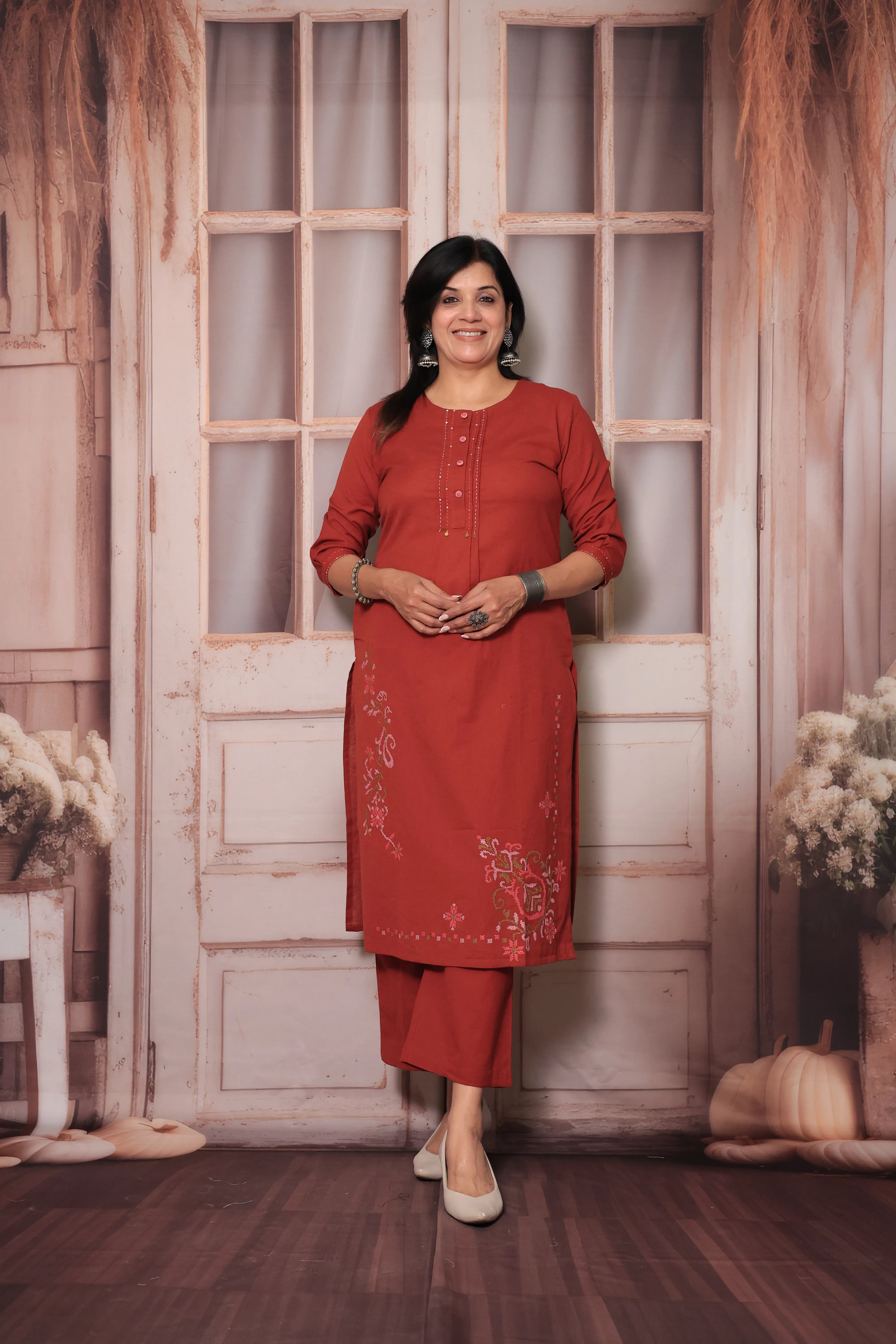 Rust Straight Kurta Pant Set | Floral Thread Embroidery | Cotton Ethnic Wear