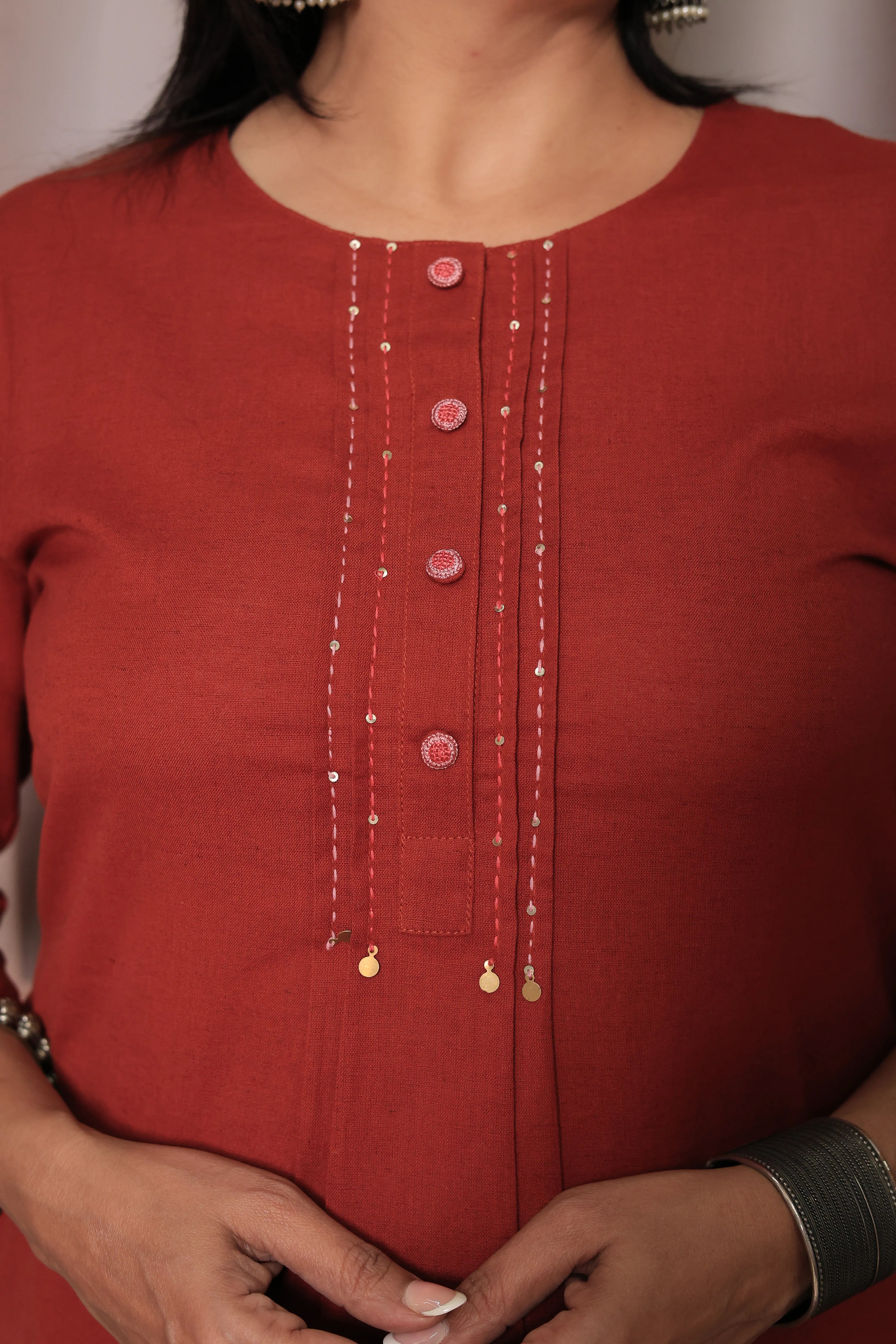 Rust Straight Kurta Pant Set | Floral Thread Embroidery | Cotton Ethnic Wear